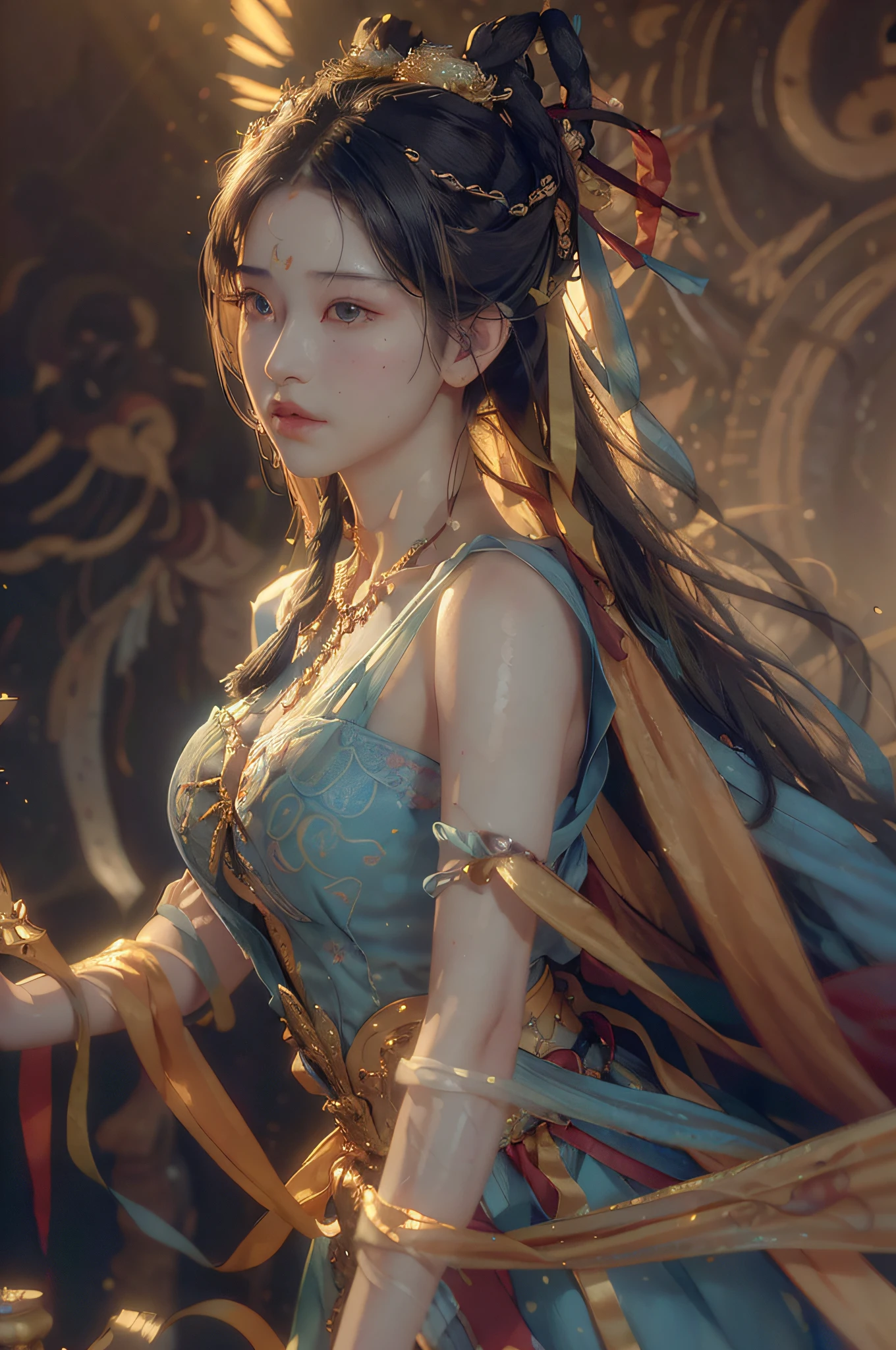 (RAW photo, best quality), (realistic, photo-realistic:1.3),best quality,highly detailed,masterpiece,ultra-detailed,illustration,1girl,upper_body,dynamic angle,world masterpiece theater,messy_long_hair,best quality,extremely detailed CG unity 8k wallpaper,ink,Amazing,cinematic lighting,lens_flare,,dunhuang_style