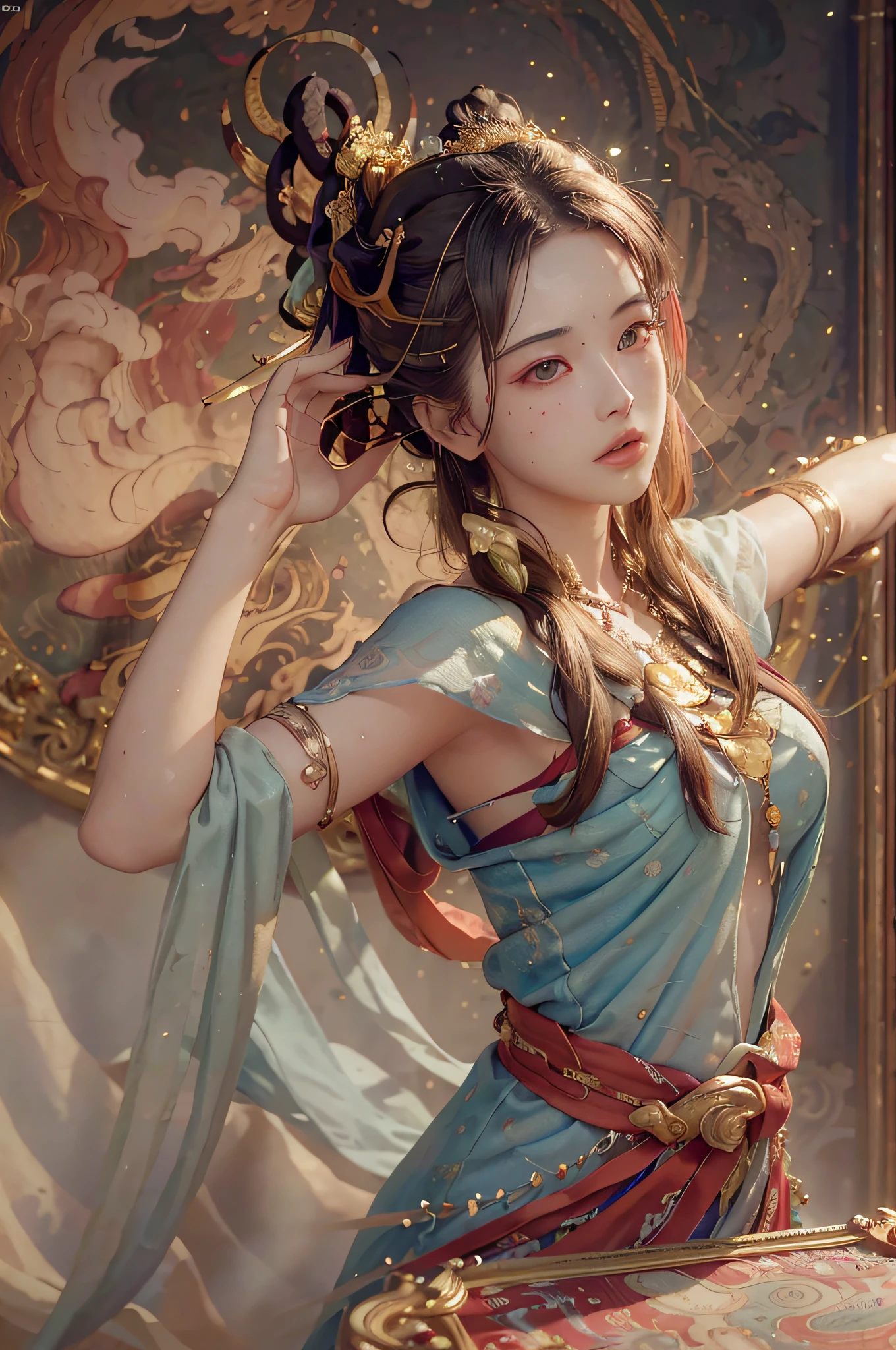 (RAW photo, best quality), (realistic, photo-realistic:1.3),best quality,highly detailed,masterpiece,ultra-detailed,illustration,1girl,upper_body,dynamic angle,world masterpiece theater,messy_long_hair,best quality,extremely detailed CG unity 8k wallpaper,ink,Amazing,cinematic lighting,lens_flare,,dunhuang_style
