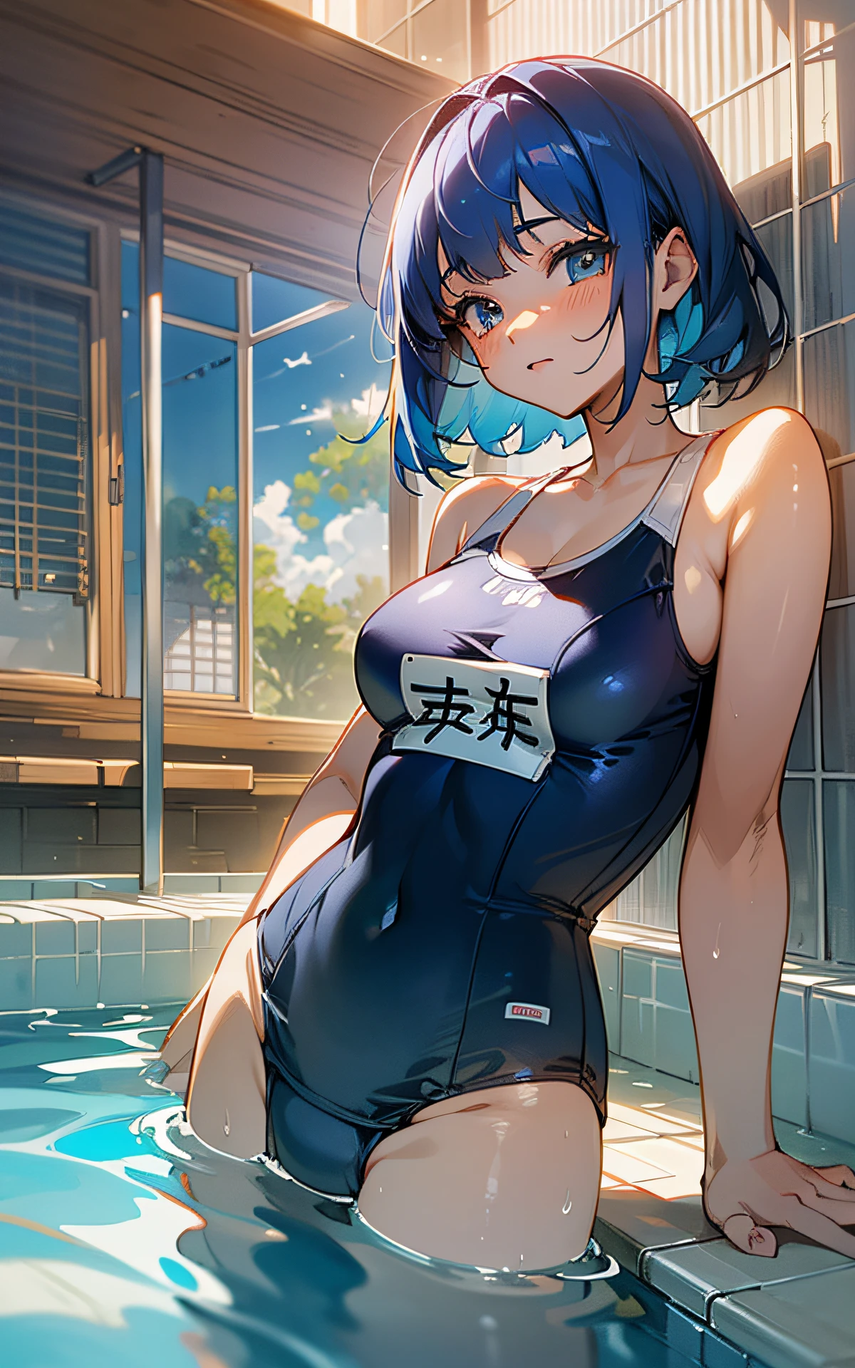 ((unity 16k wallpaper, masterpiece, best quality, ultra-detailed, extremely detailed CG, caustics, cinematic lighting, detailed, beautiful detailed eyes)), ultra high resolution, fine skin, (cute: 1.2), ( girl), ((old school swimsuit: 1.6)), summer sunshine, pool, ((writing in background)), oil skin, dark blue hair, arms outstretched, drained school swimsuit, peace sign, upper body