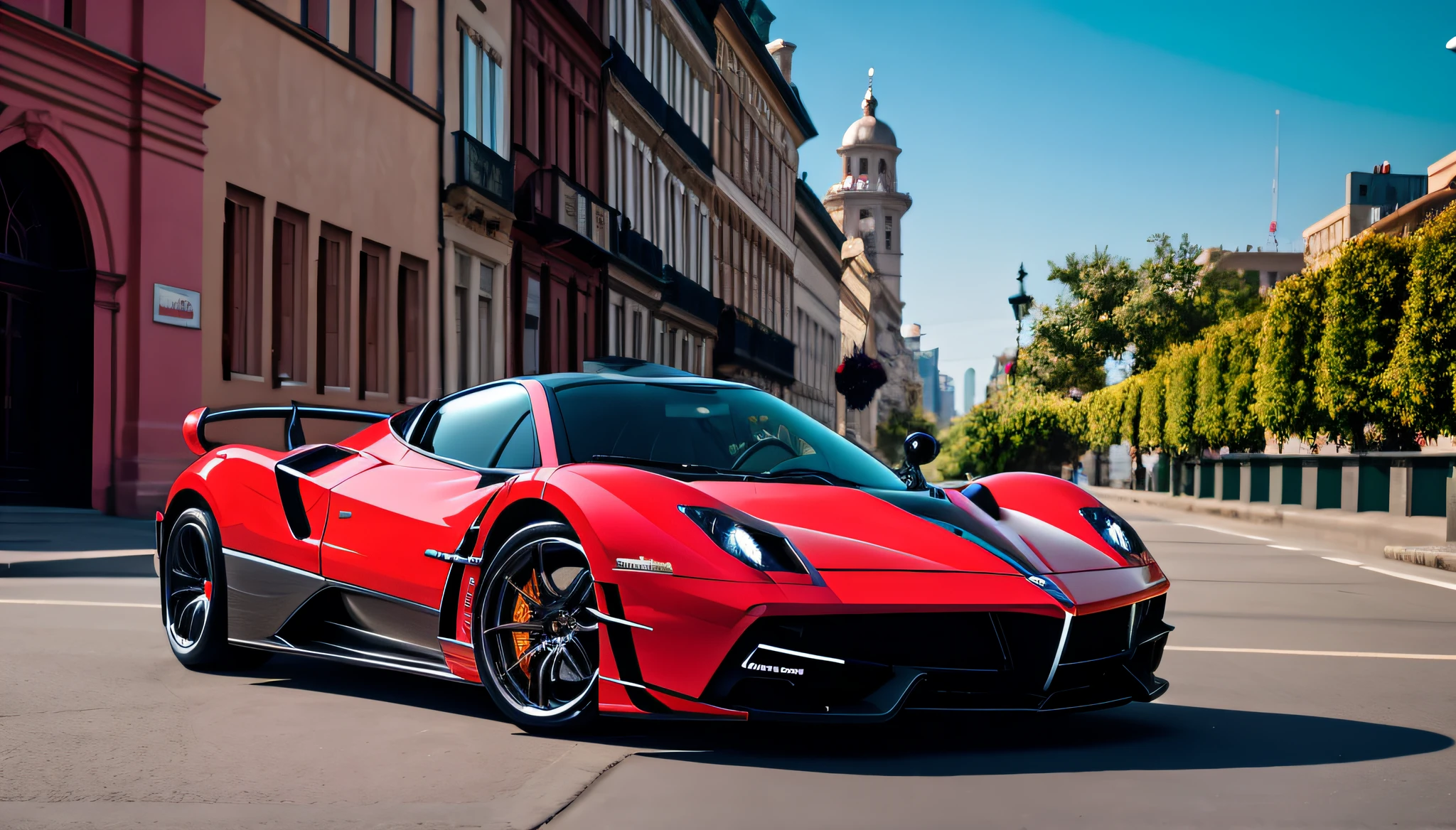 full decoration red pagani, in motion, in a city in the morning, masterpiece, best quality, high quality, realistic lighting, cinematic lighting, high resolution, sharp, in focus,4k, very details, ray tracing, shadow dynamic, light dynamic,city background,Texture dynamic, Texture details,HDR, Bloom,high reflection,