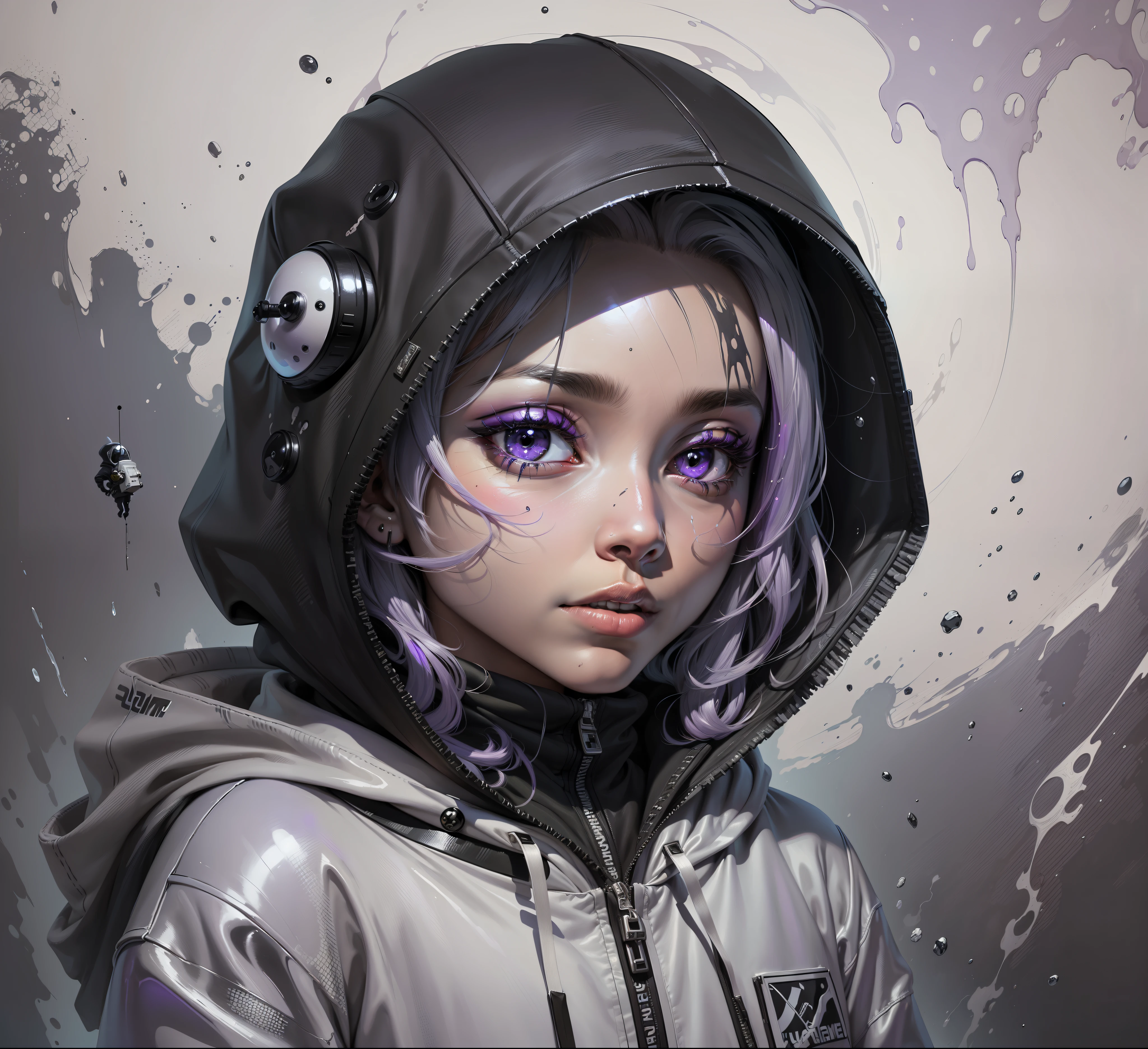 (A high-quality painting of a hooded Astronaut in a black and gray hoodie, with black eyes and an alien, which has a modern painting style and features clear lines and vibrant colors, with purple)
