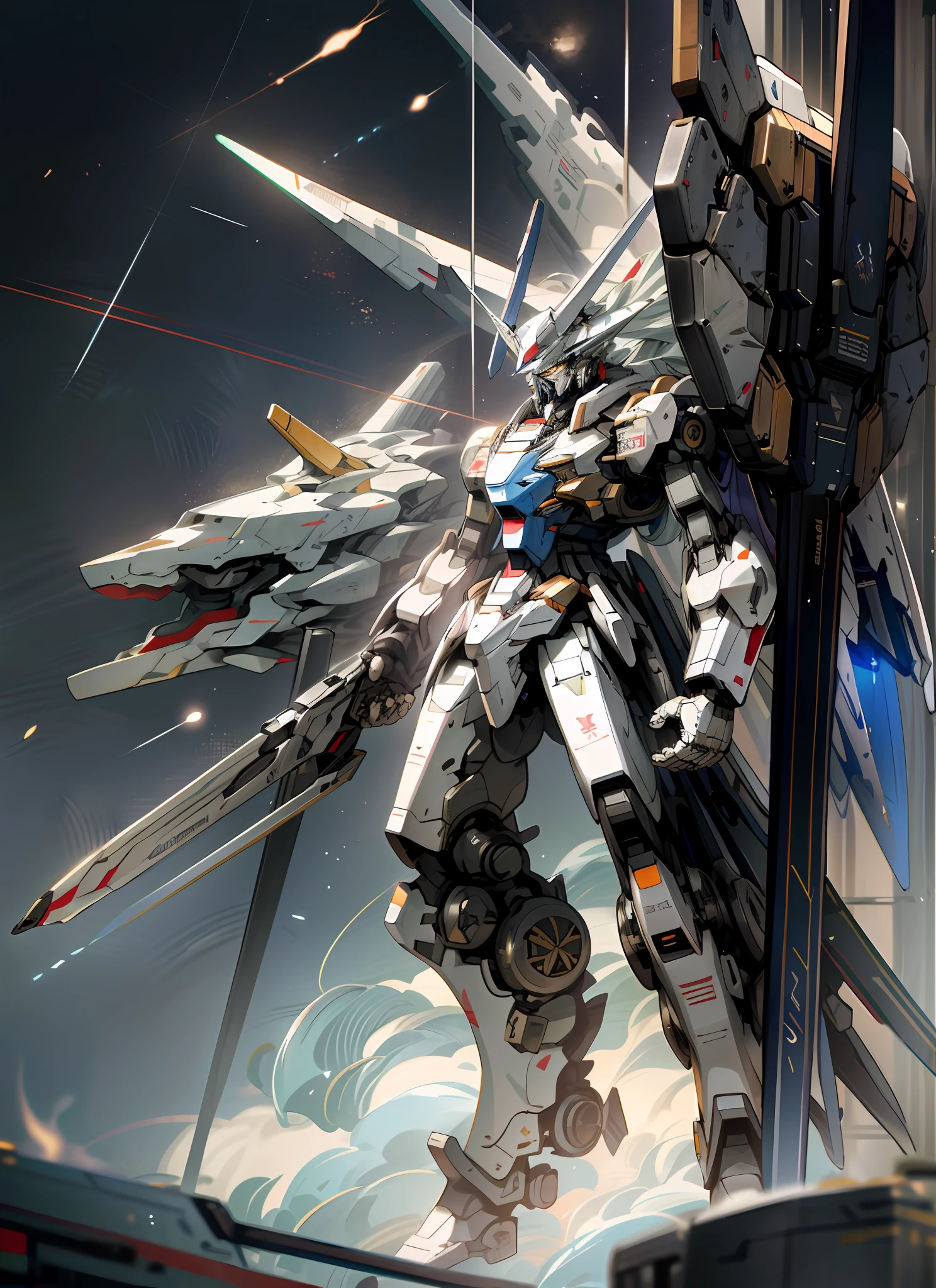 Surrealism, ray tracing, UHD, high details, 8k, best quality, textured skin, Gundam mech, mecha holy dragon, masterpiece, best quality, mecha, unmanned, (full body), (white mech: 1.8), (axisymmetric: 1.4), (HDR), (movie light: 1.1), white eyes, cool, science fiction, fire, laser cannon beam, war, conflict, Space looking down on the background of the earth with weapons in hand, (holding huge weapons: 1.5), holding oversized shields, mecha men,