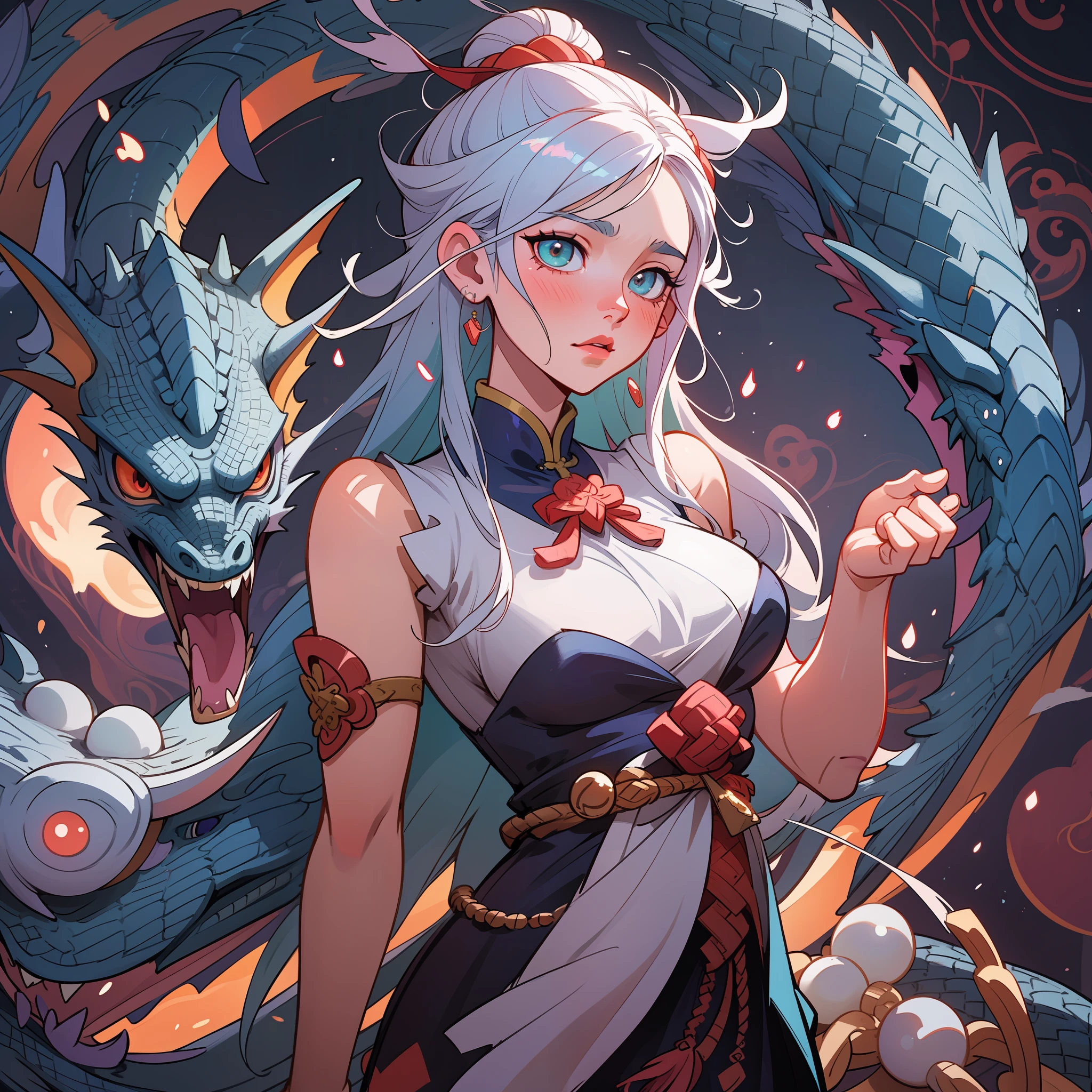 Anime - a style image of a woman with a dragon and a dragon, portrait of a dragon woman, dragon, 2. 5d CGI Anime Fantasy Art Artwork, Anime Fantasy Illustration, Fantasy Art Style, Anime Fantasy Art Artwork, by Yang J, Artgerm in artstation pixiv, Extremely detailed artgerm, Detailed fantasy digital art, Artgerm. Anime illustration, best picture quality, Chinese mythology, dragon scales, pearls, blisters, coral,