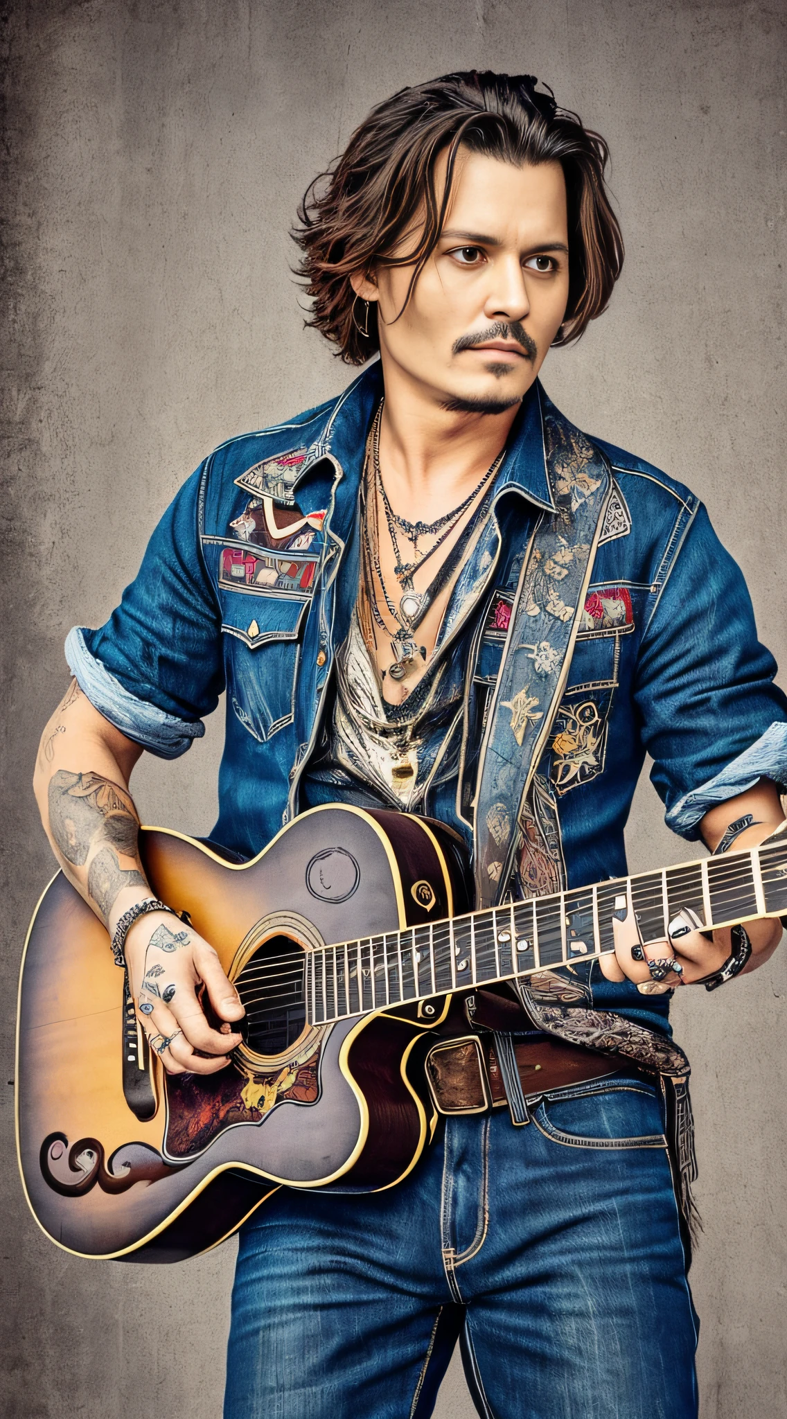Masterpiece, Johnny Depp, vintage photo, prodigal son, printed shirt, jeans, rock outfit, guitar