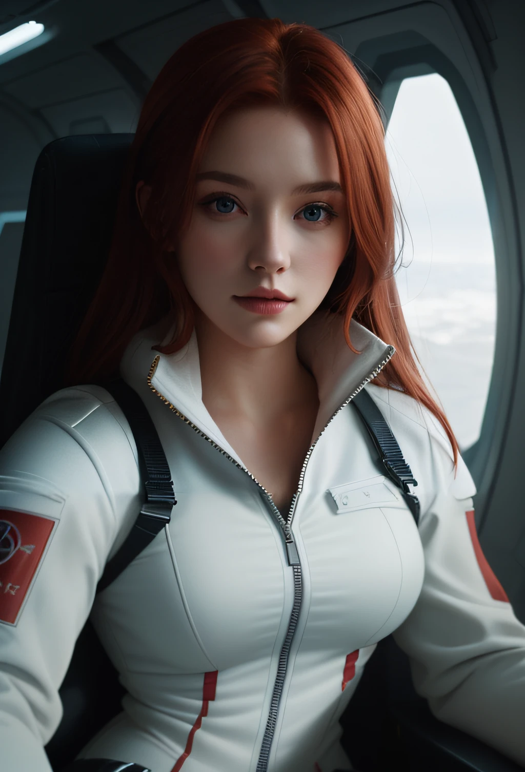 there is a woman with red hair sitting in a plane, 8k portrait render, highly detailed vfx portrait, 3 d render character art 8 k, soft portrait shot 8 k, portrait beautiful sci - fi girl, cinematic realistic portrait, highly detailed vfx portrait of, cinematic bust portrait, portrait of a sci - fi woman, cgsociety portrait, portrait anime space cadet girl