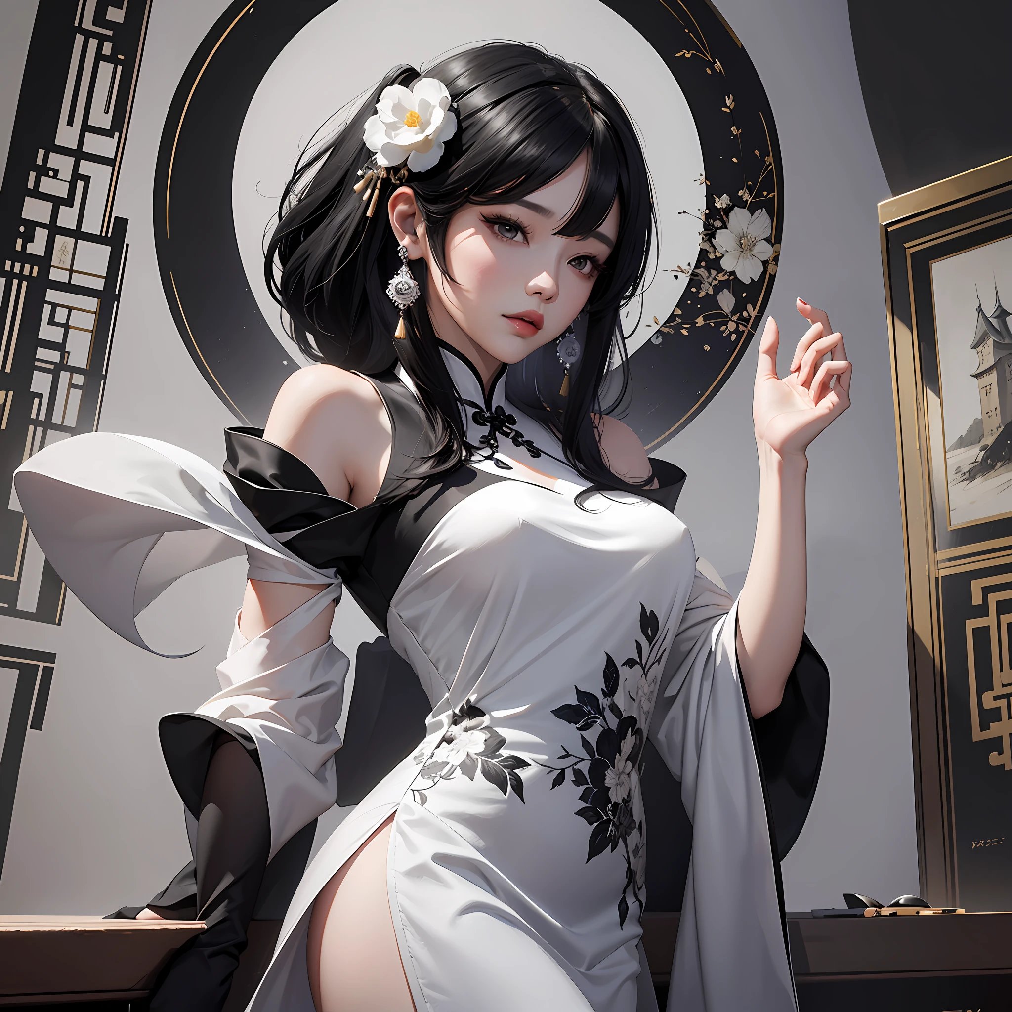 araffe asian woman in a black and white dress posing for a picture, cheongsam, digital art of an elegant, trending on cgstation, inspired by Sim Sa-jeong, artwork in the style of guweiz, inspired by Leng Mei, elegant digital painting, chinese dress, beautiful digital artwork, stunning digital illustration, cute elegant pose --auto --s2