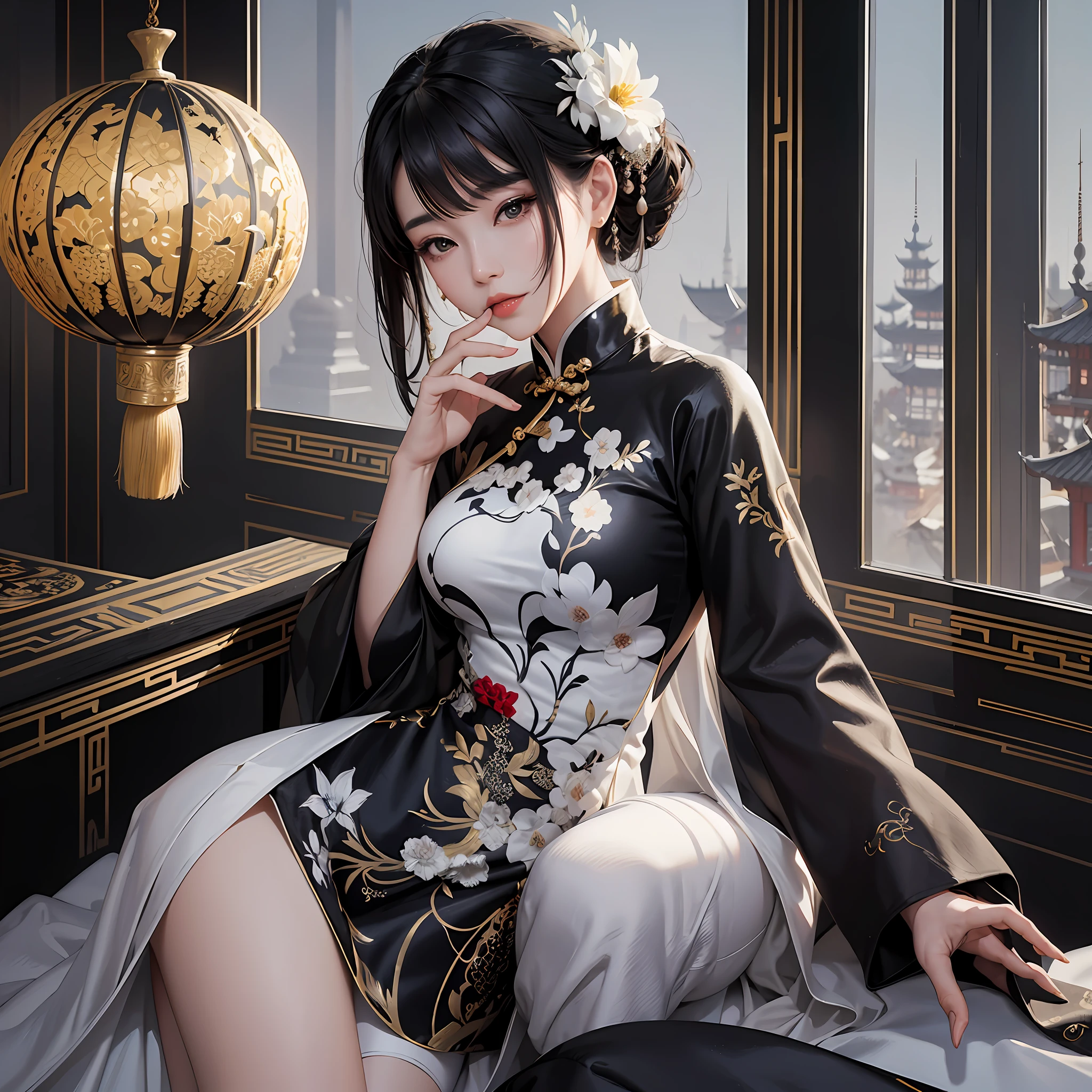araffe asian woman in a black and white dress posing for a picture, cheongsam, digital art of an elegant, trending on cgstation, inspired by Sim Sa-jeong, artwork in the style of guweiz, inspired by Leng Mei, elegant digital painting, chinese dress, beautiful digital artwork, stunning digital illustration, cute elegant pose --auto --s2