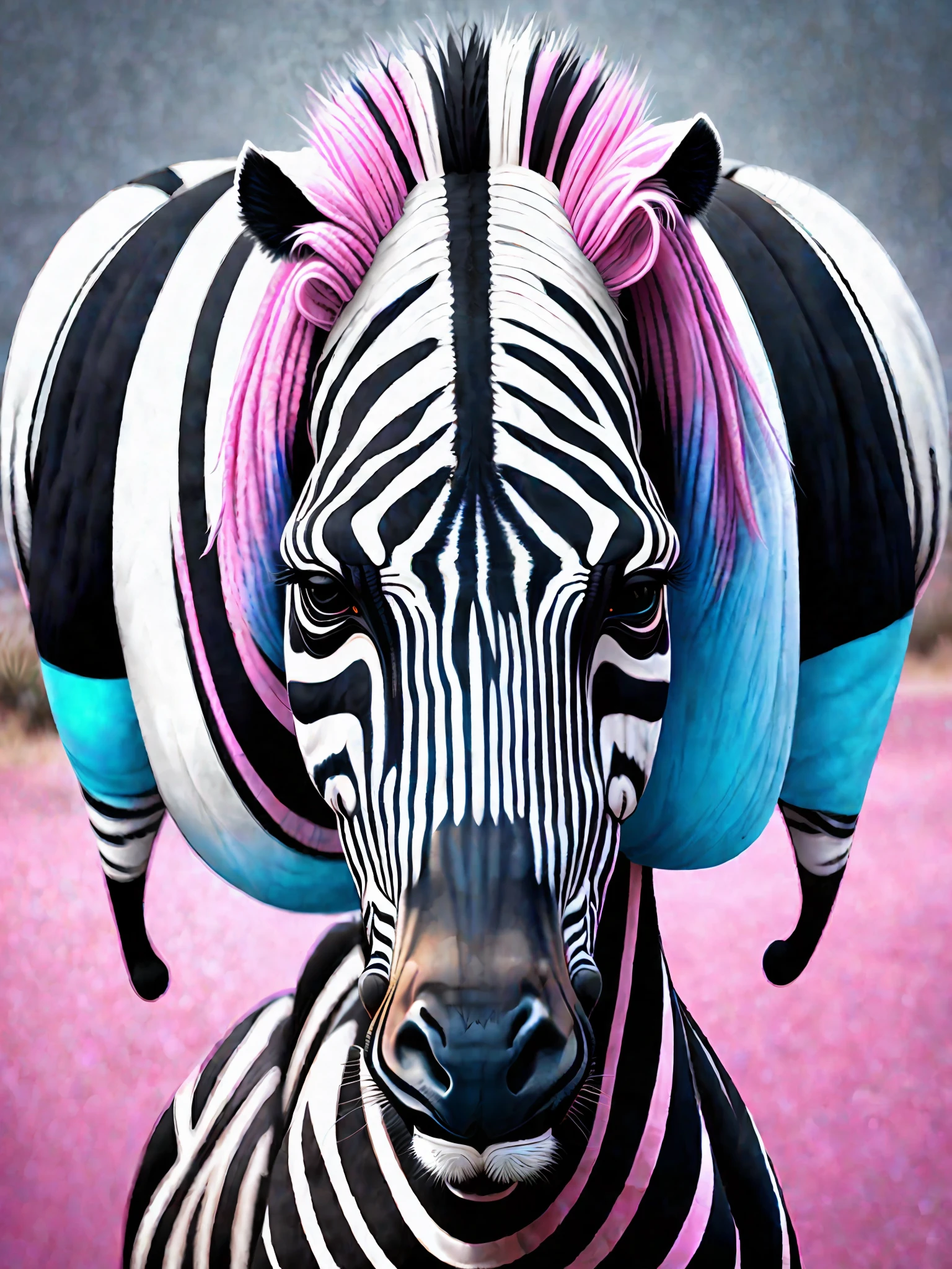 Image of a zebra, replacing the black and white stripes with pink and blue stripes
