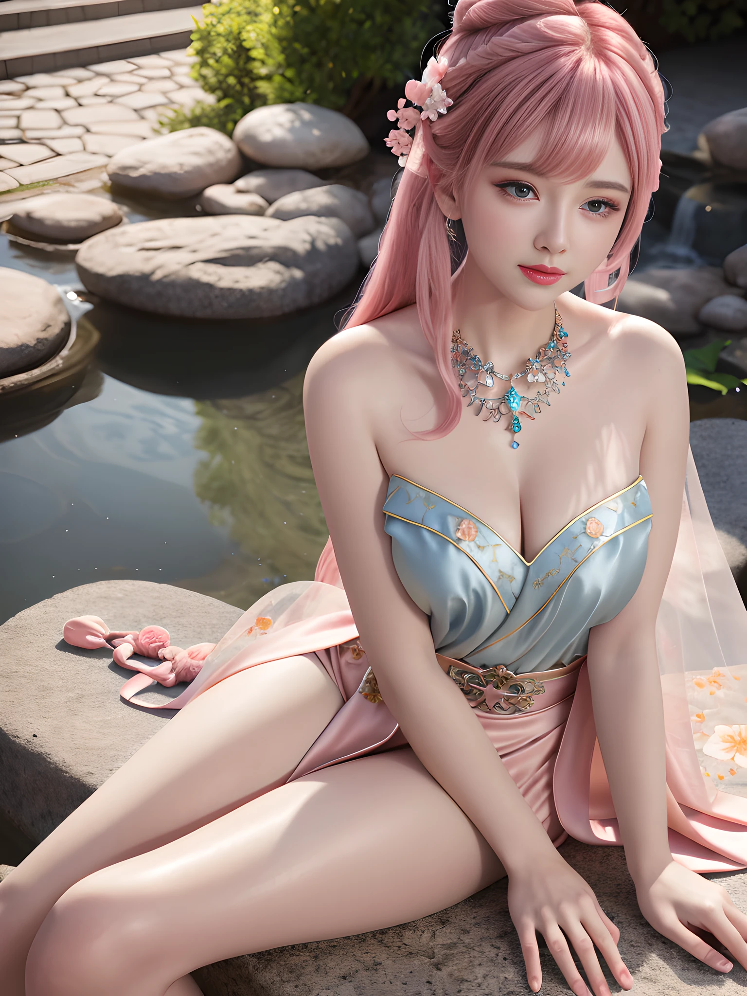 Best Quality, Masterpiece, High Resolution, 4K, 8K, Very Realistic, Real, Photography, Photo, 1girl, Solo, Mature Girl, Beauty, (Very Detailed Skin), (Gorgeous and Detailed Hanfu), Bandeau, Cleavage, Leaky Shoulders, Sitting on Stone, Facing the Audience, Exuding Charm, Pink Hair, (Beautiful Hair Accessories), Necklace, Jewelry, Beautiful Peugeot Face, (Big Eyes), Blush, Star Eyes, Slim Figure, Outdoor, Courtyard, Full of Peach Blossoms, Edge Lighting, Two-tone Lighting, (High Detail Skin: 1.2), 8K UHD, DSLR, Soft Light, High Quality, Volumetric Light, Voy Shot, Background Blur