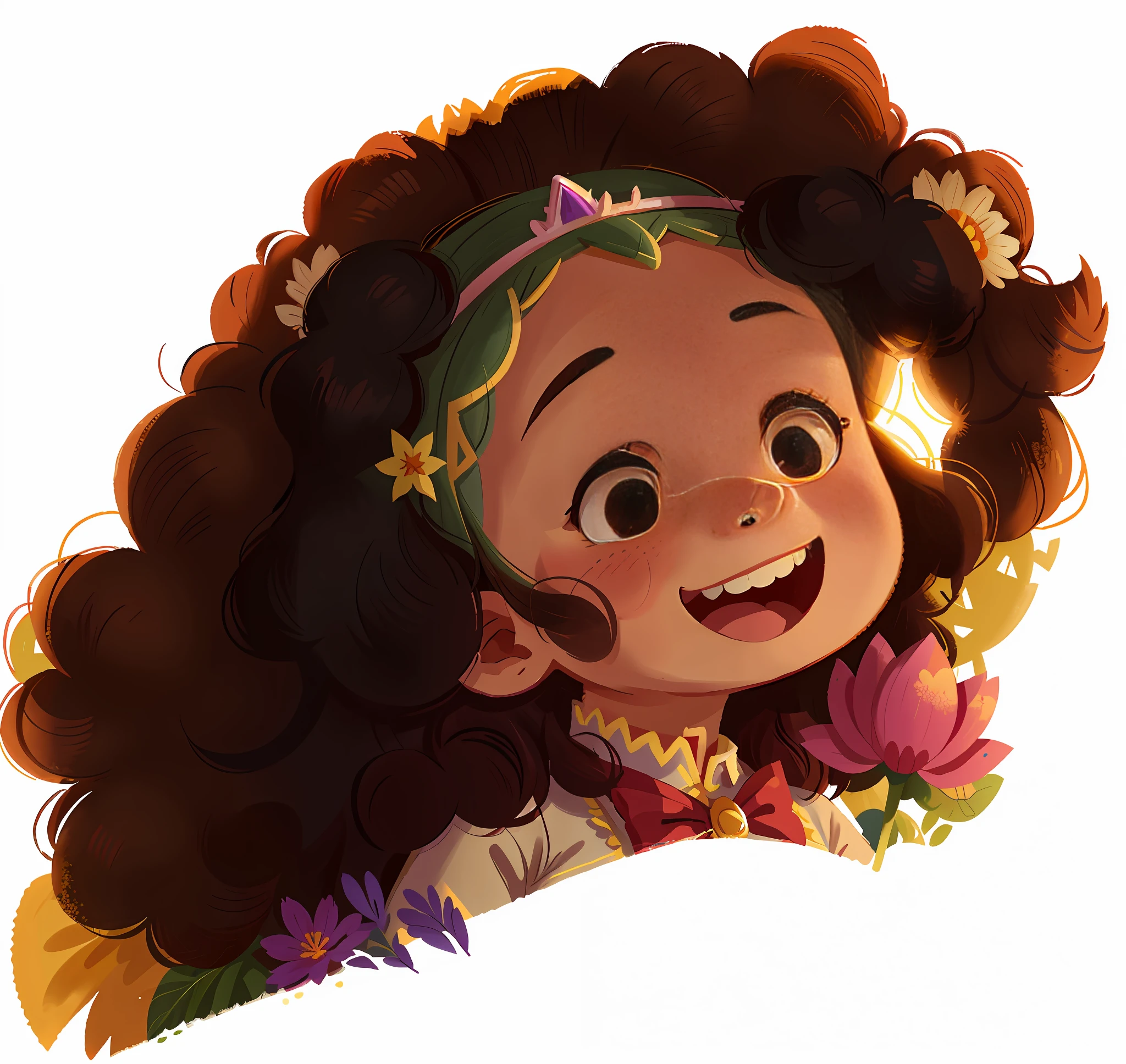 ((Best quality))), childish style, detailed side lighting, a girl with medium curly hair, wearing a princess tiara. Happy smile. Full background and with flowers.
