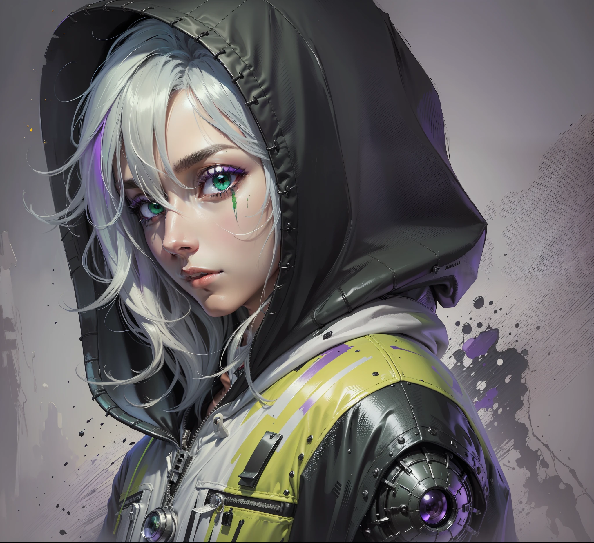 (A high-quality painting of a hooded man Astronaut with a black and gray hoodie, with green eyes, an alien, which has a modern painting style and features clear lines and vibrant colors, with purple)