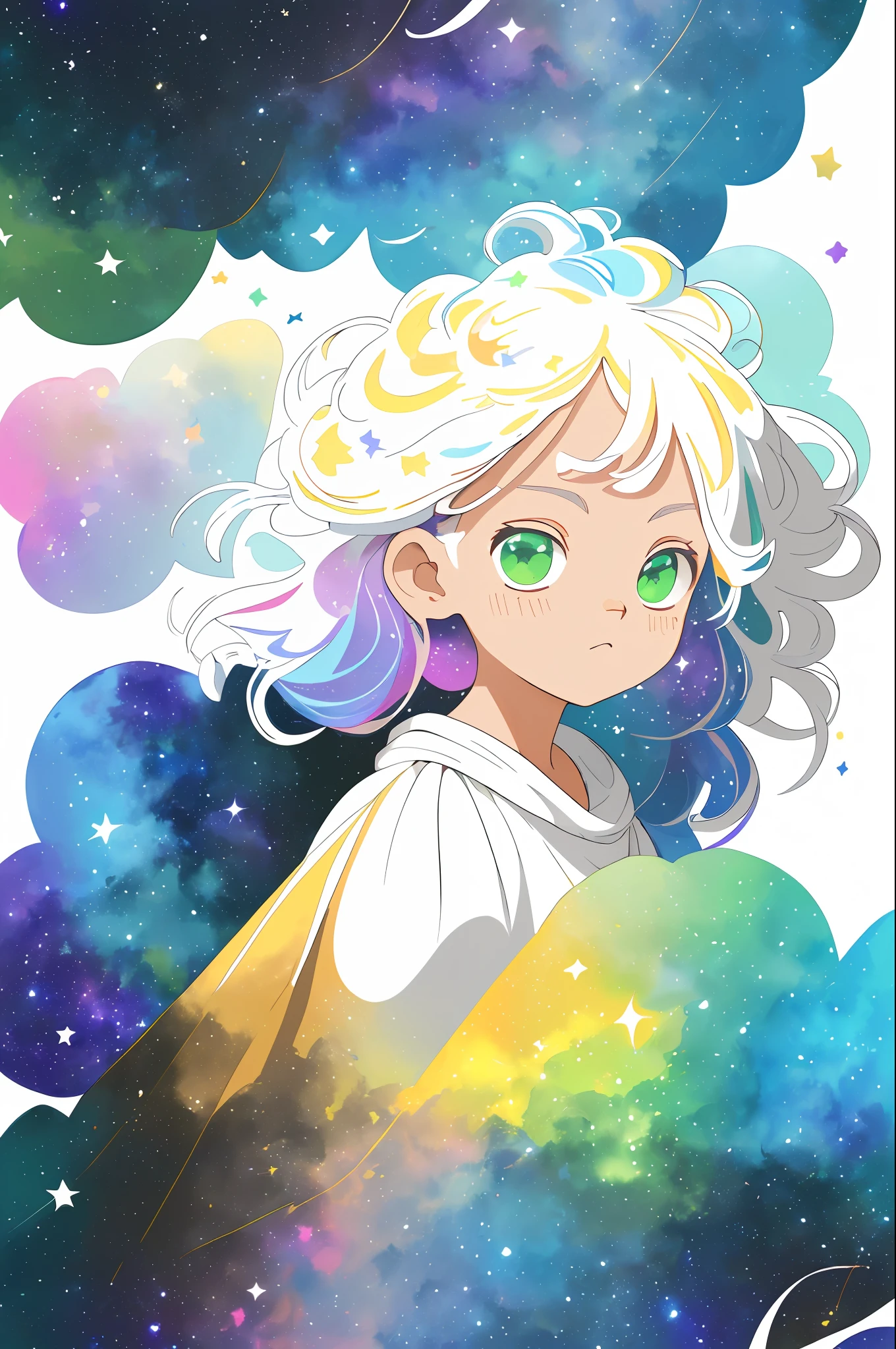 ((masterpiece)), (((best quality))), ((ultra-detailed)), ((illustration)),[realism light effect],shadow,(Fantasy style),(white background:1.6), simple background, (earth theme),( A Cloak) [(Hair Focus,((1girl)),[(Big Slime Hair): (Cloud Hair):0.3], (Hair on Background),(High Saturation),(Hair Surrounded by Galactic Splatter),)):( (Her hair is turning into a galactic cloud, :1.27628),(hair and clothes are galactic clouds and star clusters:1.1025),(cloak is turning into galactic clouds)(colorful_galaxy_print_clusters_of_stars_print:1.35),(detailed starry sky with colorful galaxies and galaxy clouds):1.2)):0.35], ((masterpiece))),((best quality))),((ultra-detailed)),(inset), (inset), ( dynamic angles), ((floating)), (paint), ((loose hair)), ((beautiful cute detail face)), collar, off-the-shoulder, ((brown high ponytail hair)), ((striped hair)), beautiful detailed eyes, (gradient eyes), ((green eyes))), (colored background))), (((high saturation))), ((surrounded by colored splashes))), ((surrounded by colored dots))), colored bubbles, ((shiny)), balloons, Blue denim vest jacket with pout