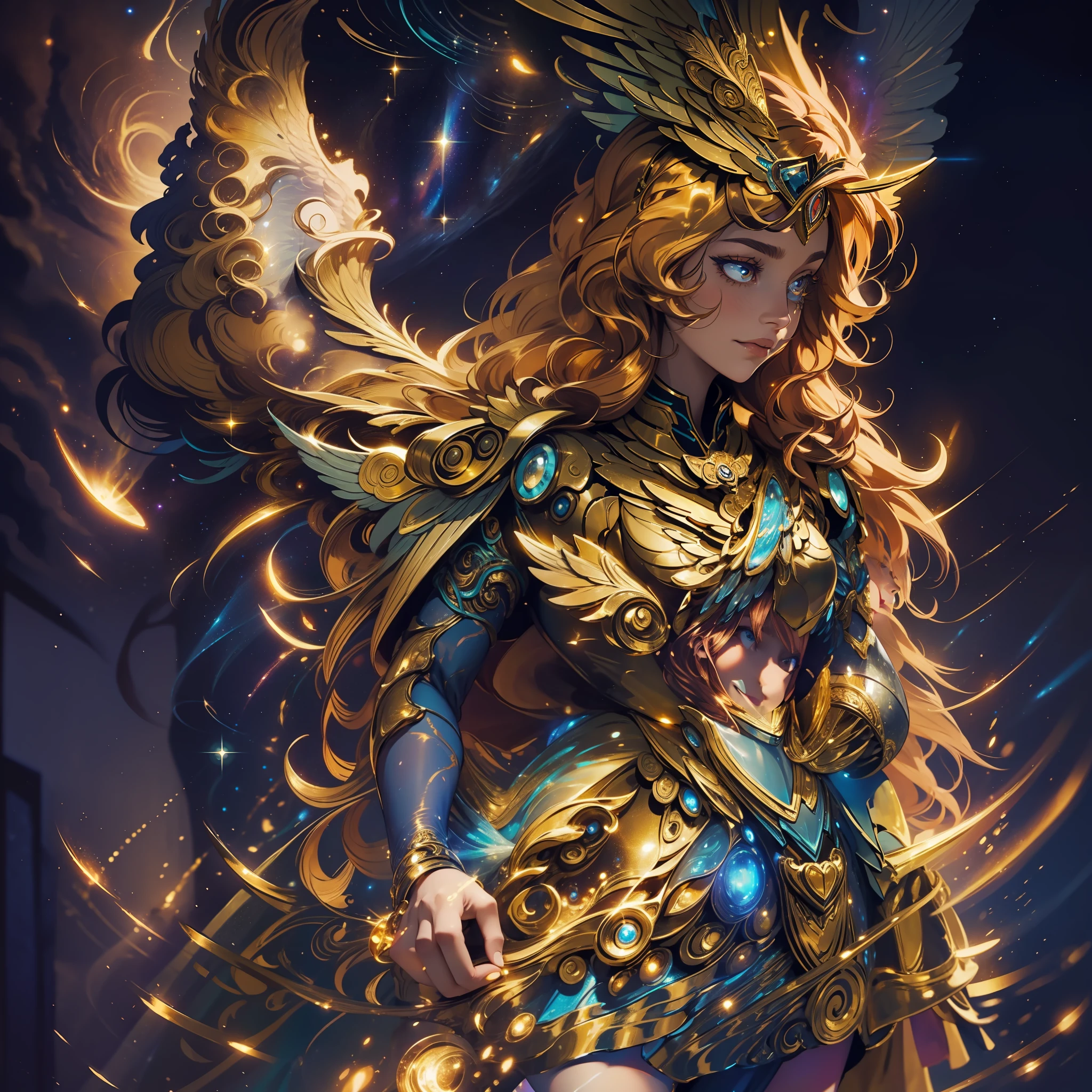 A woman with long, golden hair, with majestic wings on her back, is standing in a nocturnal landscape illuminated by a soft light. Her dress is golden and fluid, matching perfectly with the glow of the stars in the background.