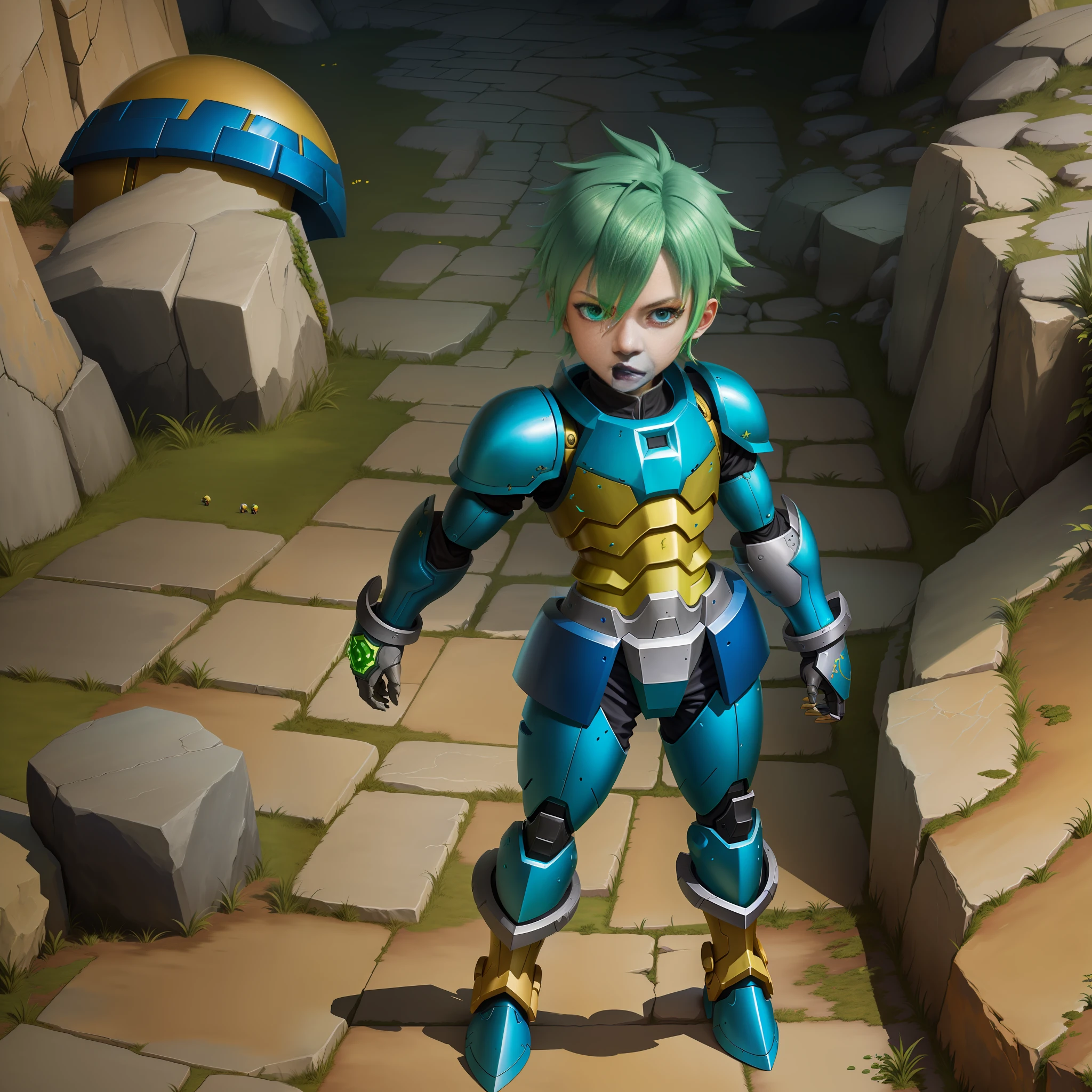 anime character with yellow hair and blue body standing on a stone path, wearing green armor and helmet, jrpg character, official art, wearing green battle armor, with scaly-looking armor, green armor, metallic green armor, render 4K Octan, and a sword, an epic anime of an energy man, official character art, JRPG character art, Mech anime armor