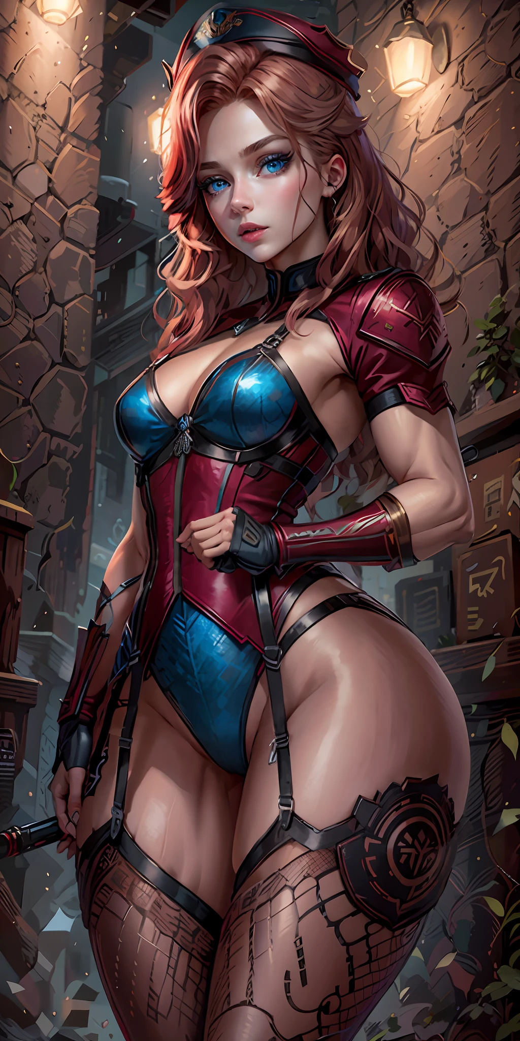 beautiful white swedish woman, 25 years old, military, hat, red and gold uniform, wearing the garter belt 6 strap, (six strap garter belt), face and determination, raw short straight blonde platinum hair, long eyelashes, beautiful azure eyes with bright, surrealism, shadow, stereogram, (realistic, realistic: 1.2), pov, atmospheric perspective, cinematic lighting, ray tracing, 8k, super detail, best quality, masterpiece, good detail, (canan EOS R6, 135mm, 1/1250s, f/2.8, ISO 400:0.9), weapon, neckline, back, Round ass, Russia.