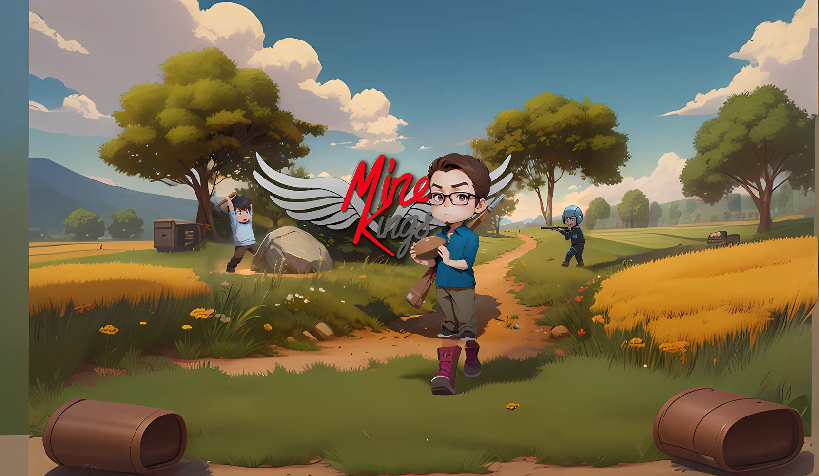 cartoon of a boy with a gun and a girl with a backpack in a field, mines, official artwork, mining, official art, by Mirko Rački, mk ninja, mobile game art, official fanart, official illustration, stylized game art, mike, mikko, official splash art, miner kilbourne kellogg, inspired by Max Klinger