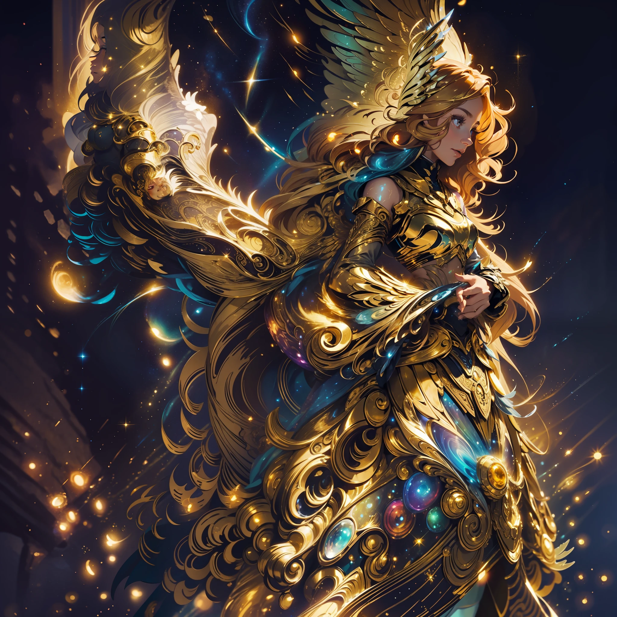 A woman with long, golden hair, with majestic wings on her back, is standing in a nocturnal landscape illuminated by a soft light. Her dress is golden and fluid, matching perfectly with the glow of the stars in the background.
