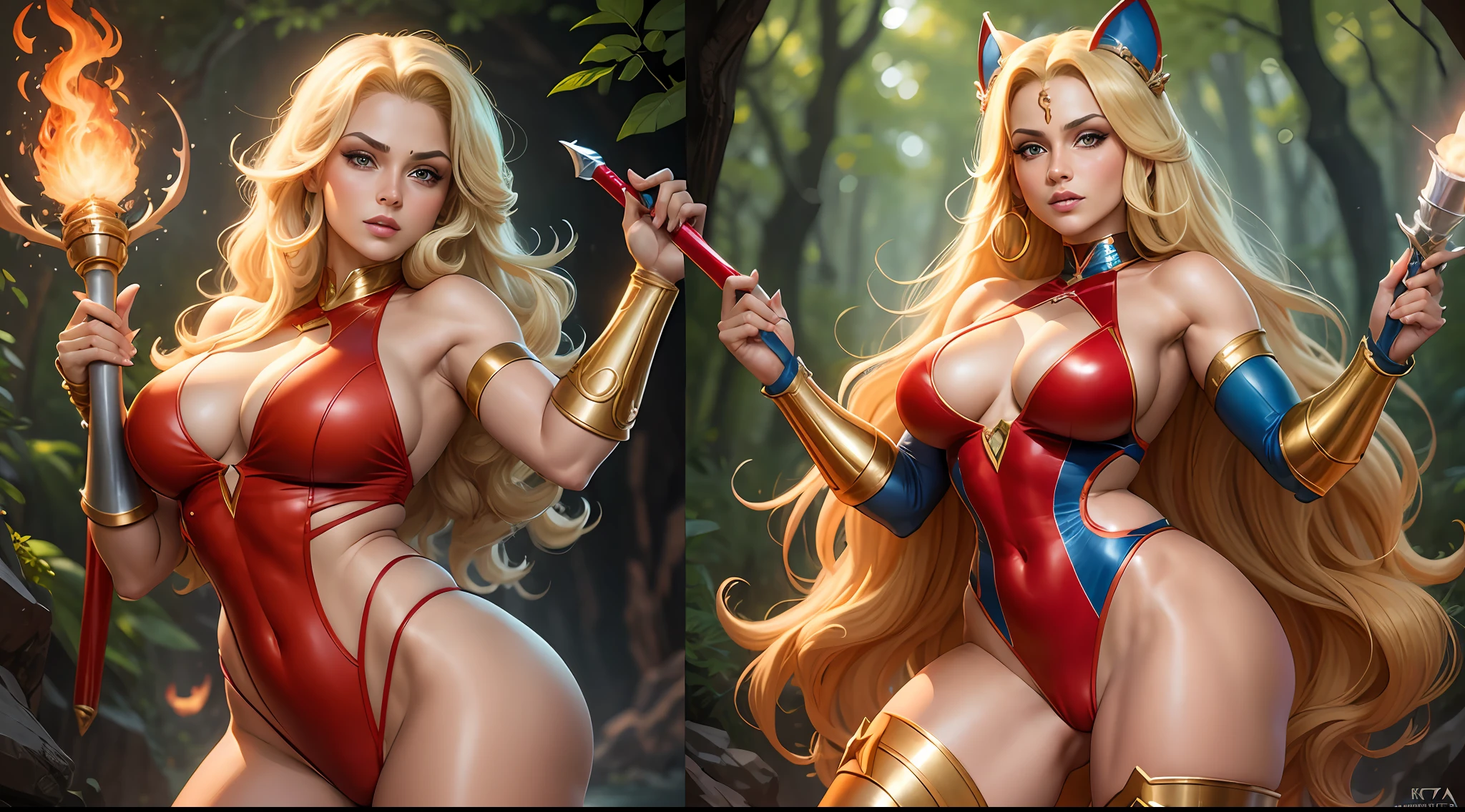 chitara of the Thundercats holding a baton, hyper detailed, gorgeous blonde woman with long hair, wearing a red pasted swimsuit, highlighting her perfect body, wearing a brown boot.