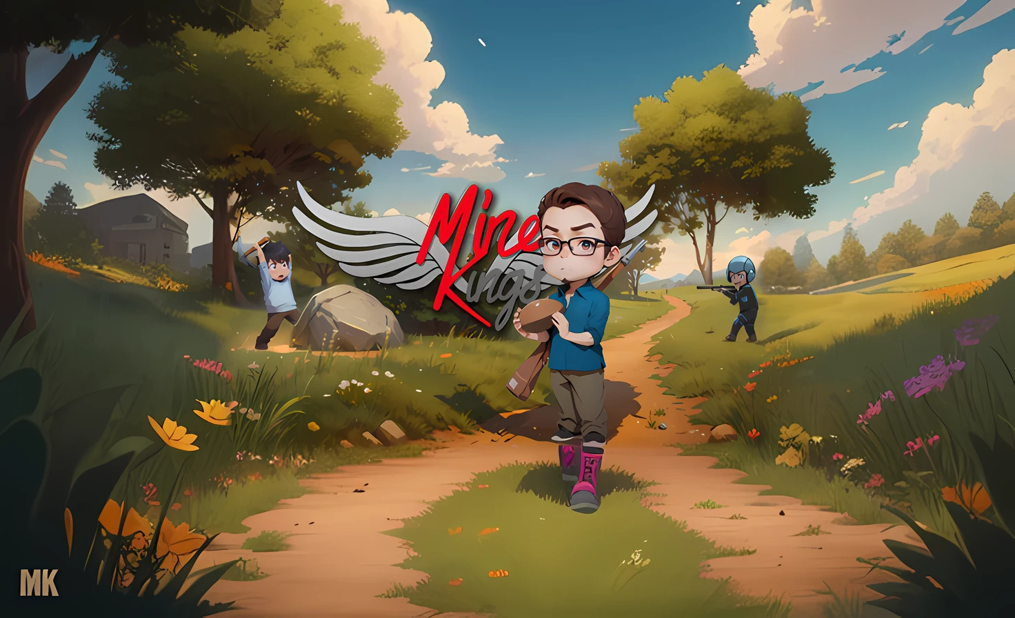 cartoon of a boy with a gun and a girl with a backpack in a field, official artwork, mines, official fanart, official art, key art, mobile game art, box art, by Mirko Rački, promo art, mk ninja, mining, mikko, mike kime, stylized game art, official illustration