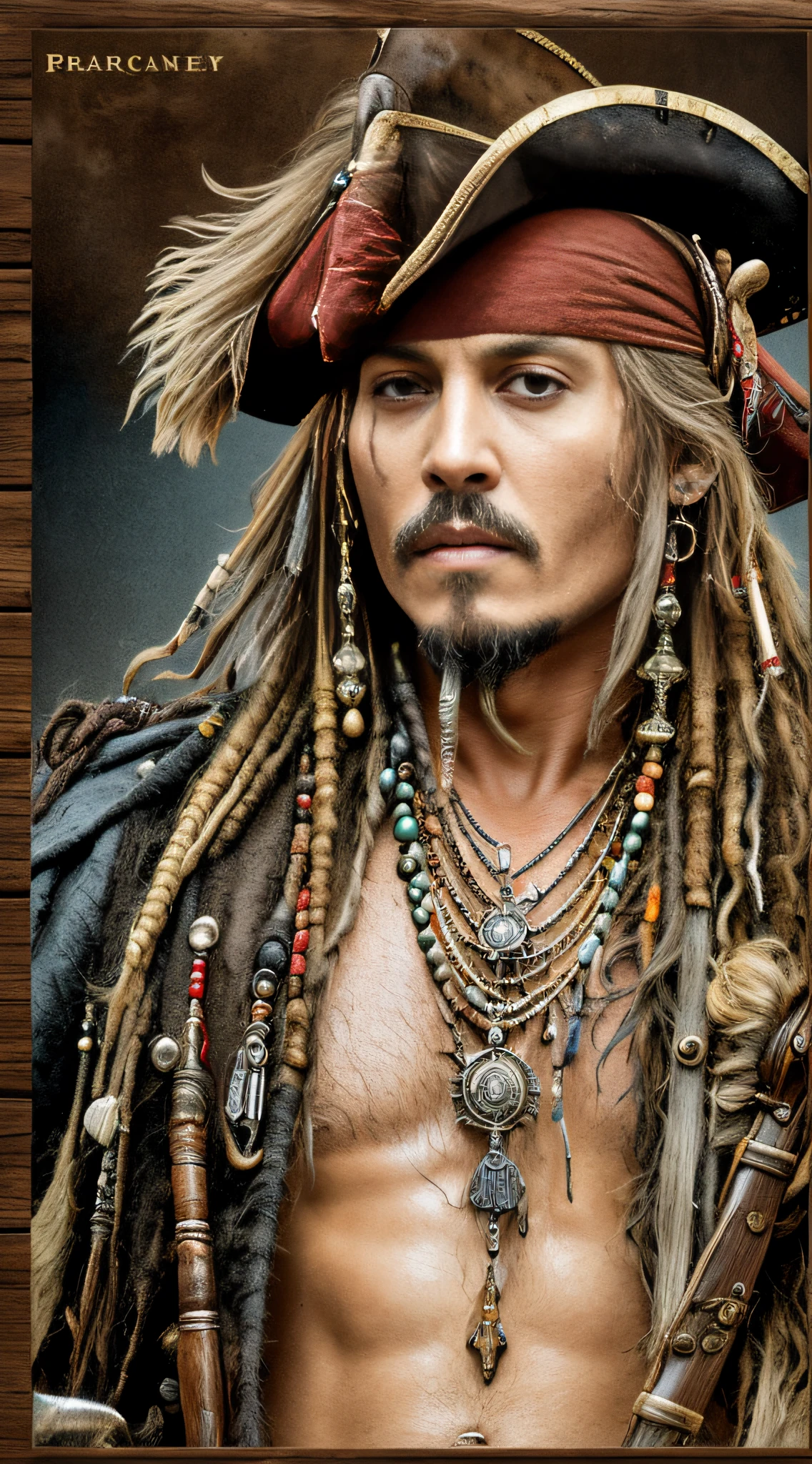 Masterpiece, Johnny Depp, Battle Scene (High Detail: 1 1) Pirates of the Caribbean, Pipe, Accessories, Corsair, Sea Scene, Full Body Photo, Rough Face, Natural Skin, High Quality, (Face: 1 2), Real Photo Light, High Resolution 8k, Realistic, Professional Photography, 8K UHD, SLR Camera, Soft Light, High Quality, Film Grain,