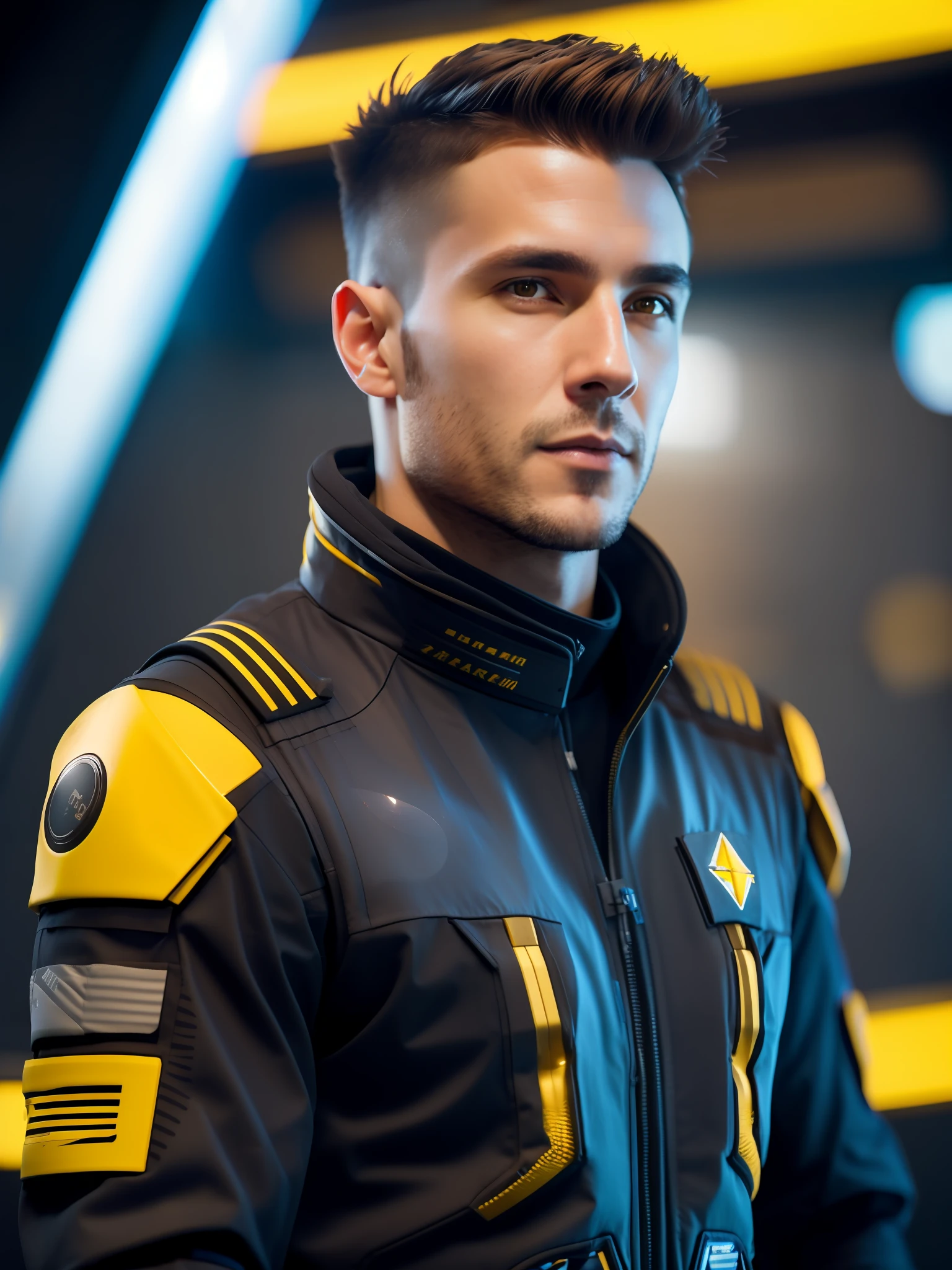 fking_scifi, award-winning photo of a man, black flight suit with yellow accents, brown hair, (gray eyes:1.35), square jawline, asymmetric face, standing in front of a window on a space ship, 80mm, bokeh, mass effect, close up, fking_cinema_v2