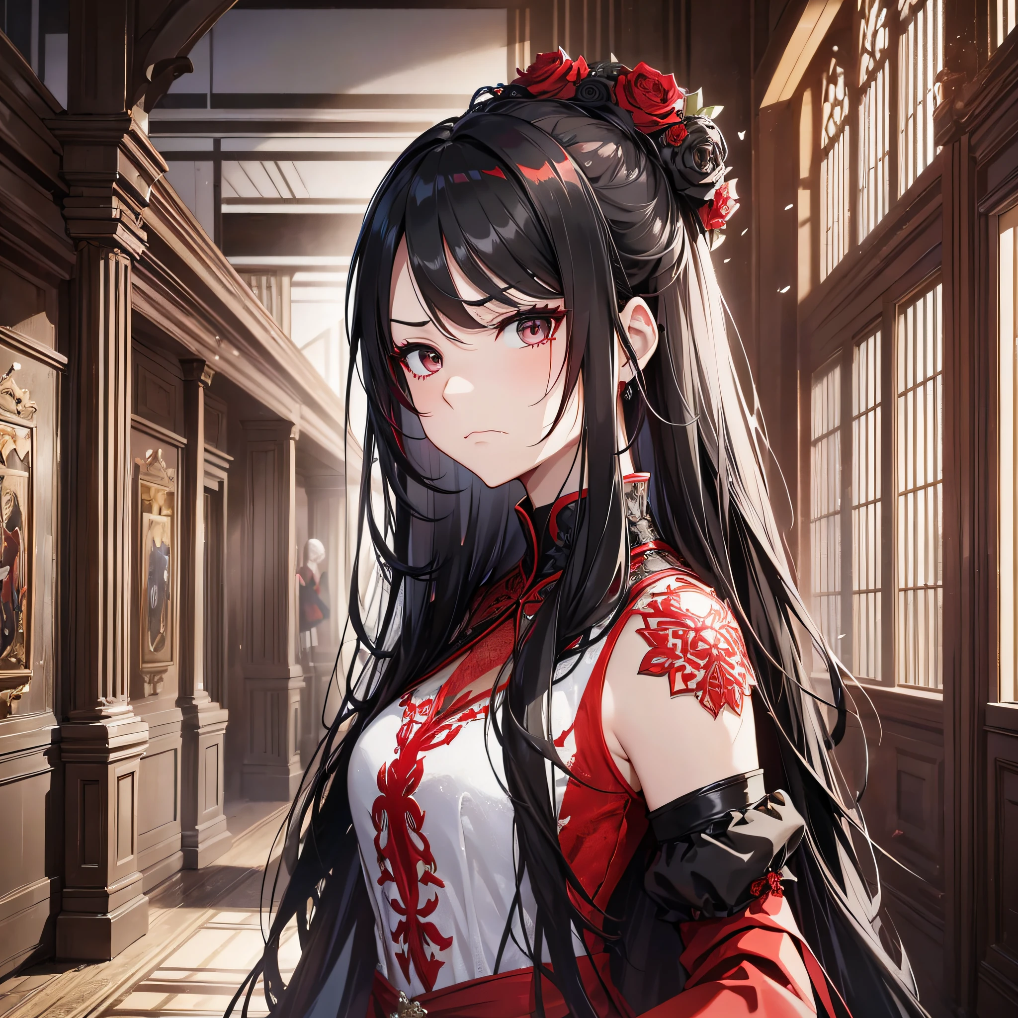 A woman, red long, black eyes, wedding dress, frowning, angry, in the banquet hall