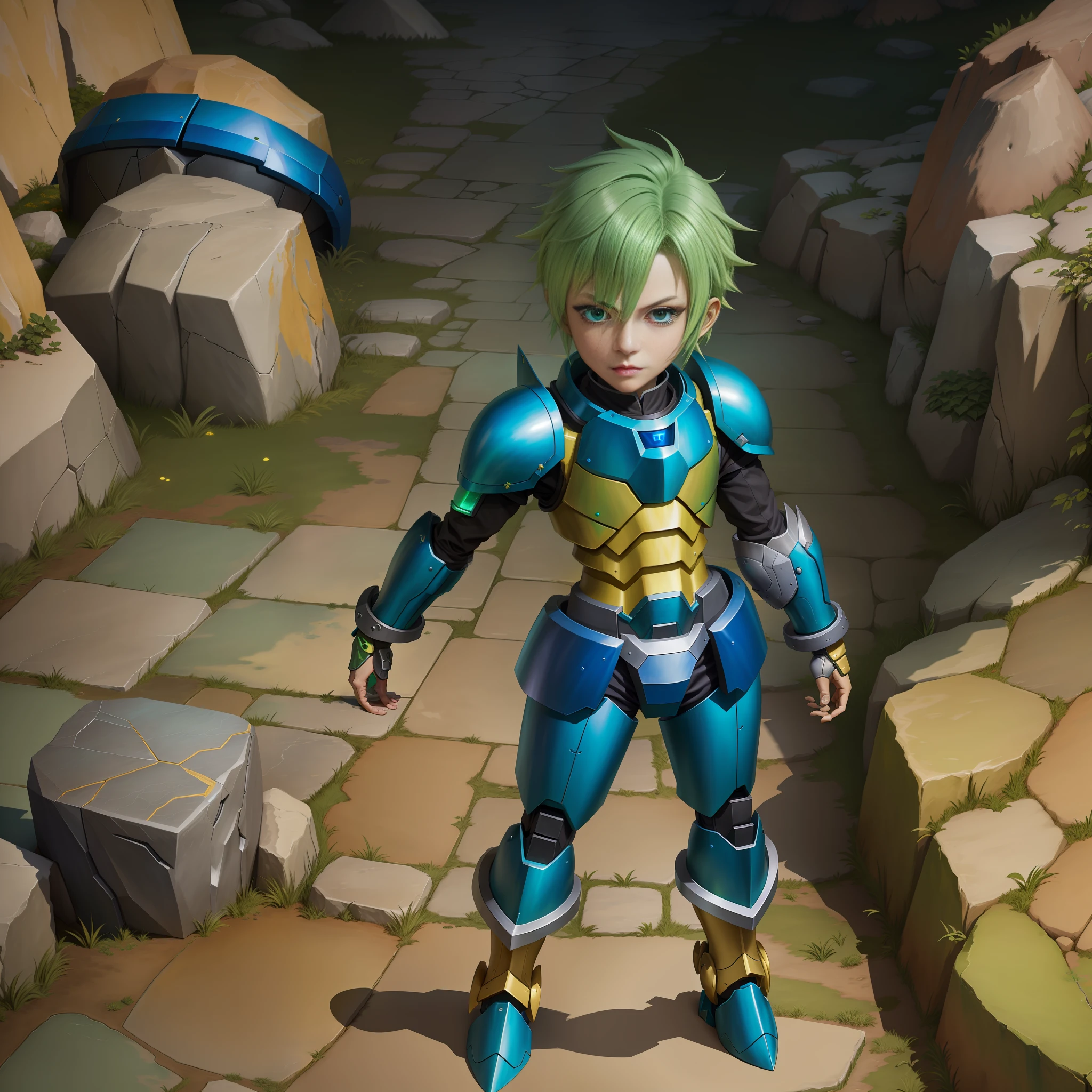anime character with yellow hair and blue body standing on a stone path, wearing green armor and helmet, jrpg character, official art, wearing green battle armor, with scaly-looking armor, green armor, metallic green armor, render 4K Octan, and a sword, an epic anime of an energy man, official character art, JRPG character art, Mech anime armor