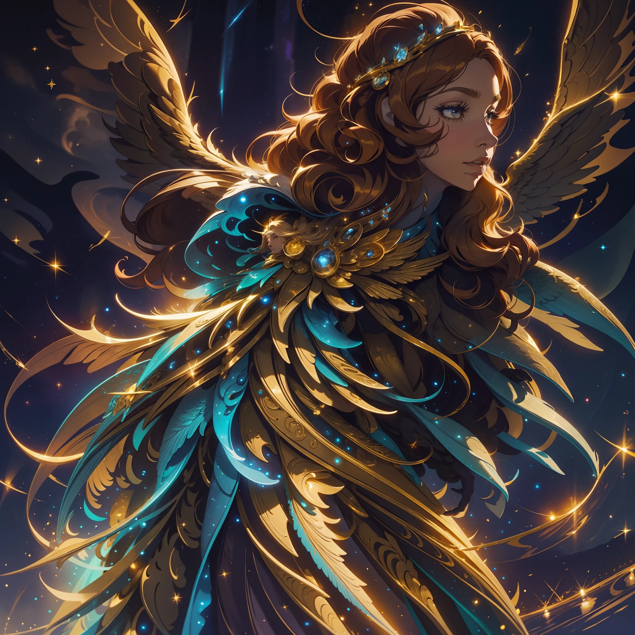 A woman with long, golden hair, with majestic wings on her back, is standing in a nocturnal landscape illuminated by a soft light. Her dress is golden and fluid, matching perfectly with the glow of the stars in the background.