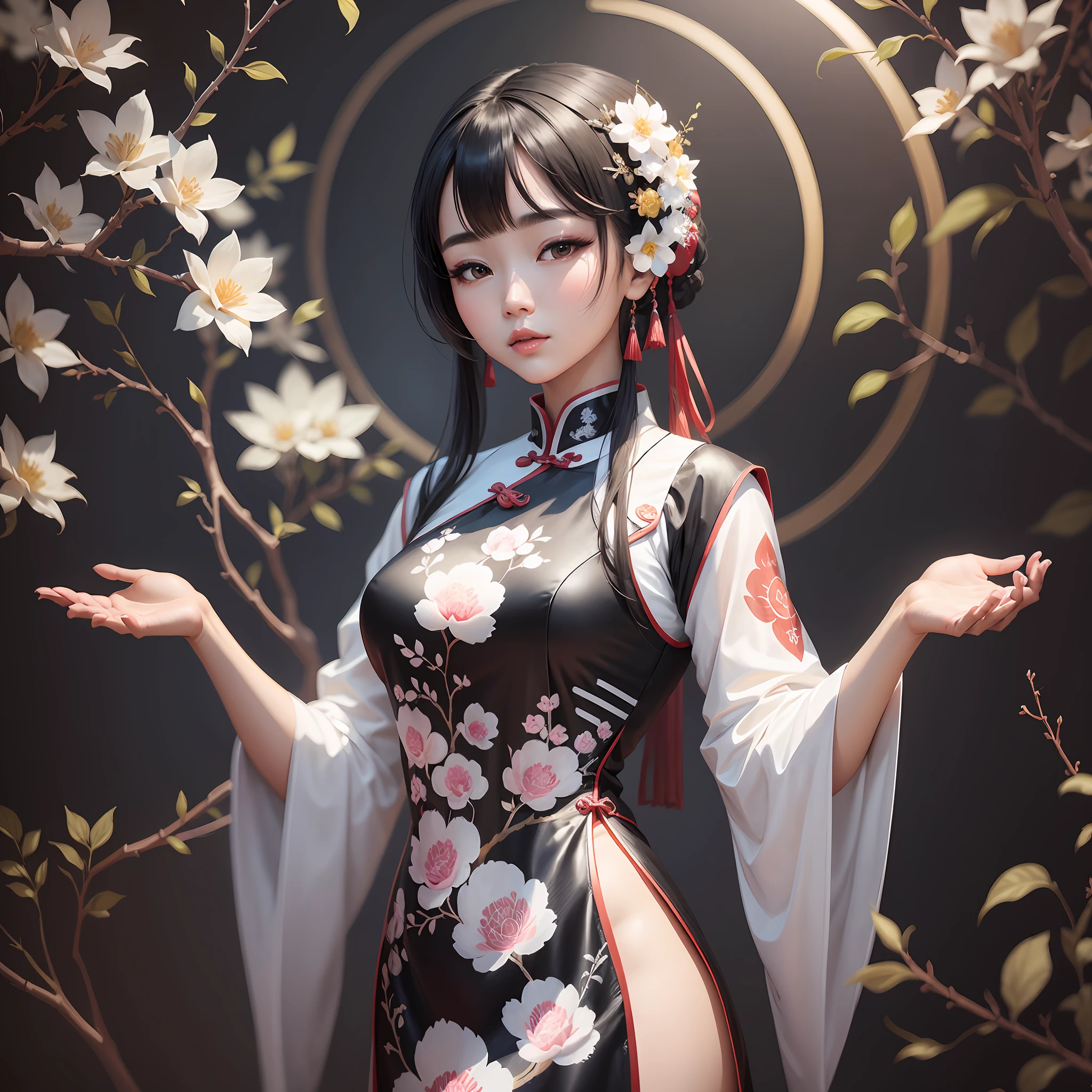 Arapei Asian women wear black and white cheongsam and pose elegantly and cutely, and the digital artwork photographed is popular on CGSTATION. Inspired by Sim Sa-jeong and Leng Mei's Guvez art, this work uses elegant digital painting techniques to present traditional Chinese costumes and beautiful faces, and stunning digital illustrations are full of elegance and cuteness. --auto --s2
