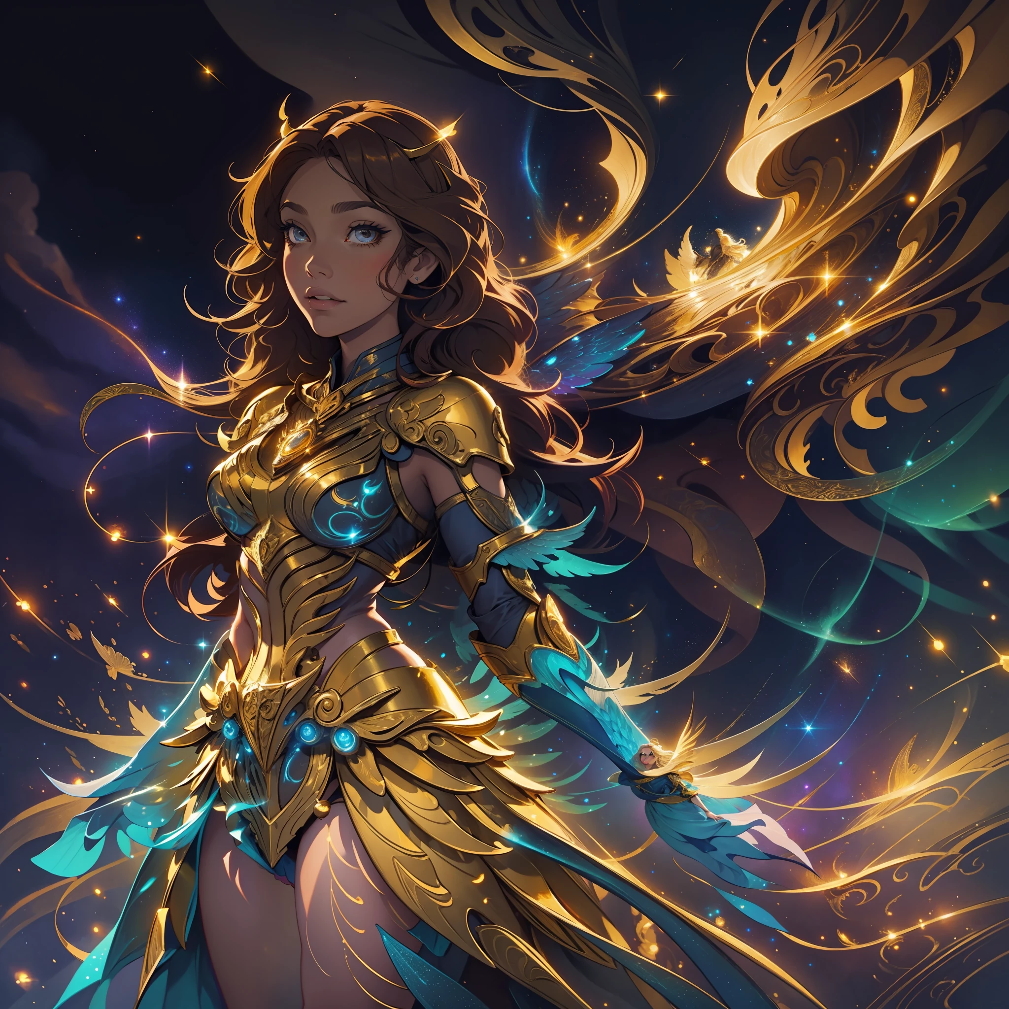 A woman with long, golden hair, with majestic wings on her back, is standing in a nocturnal landscape illuminated by a soft light. Her dress is golden and fluid, matching perfectly with the glow of the stars in the background.