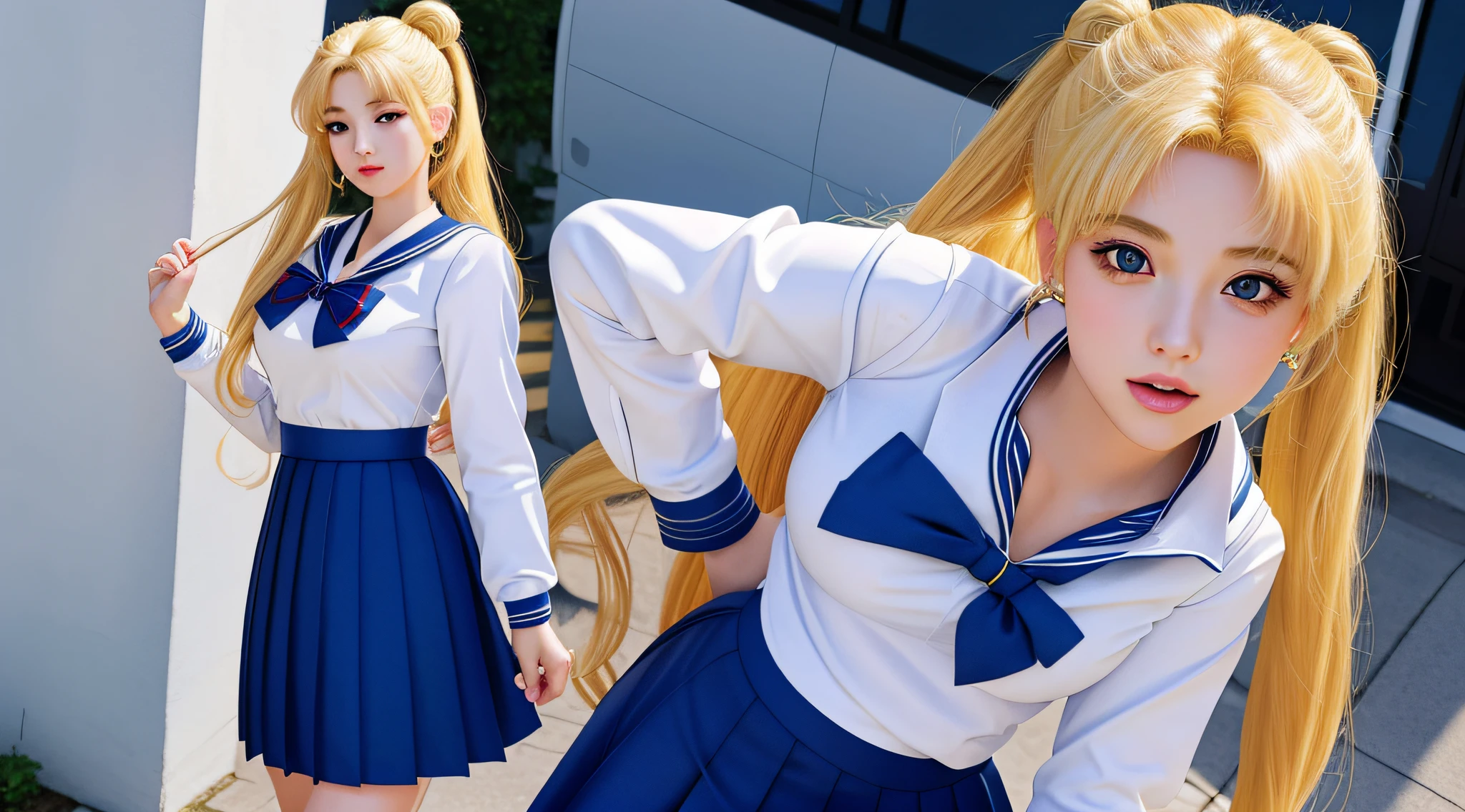 SMUsagiTsukino, large_breasts, standing, bright blonde hair, solo, masterpiece, best quality, detailed face, detailed eyes, highres, masterpiece, best quality, detailed face, detailed eyes, highres, SMSchoolUniform