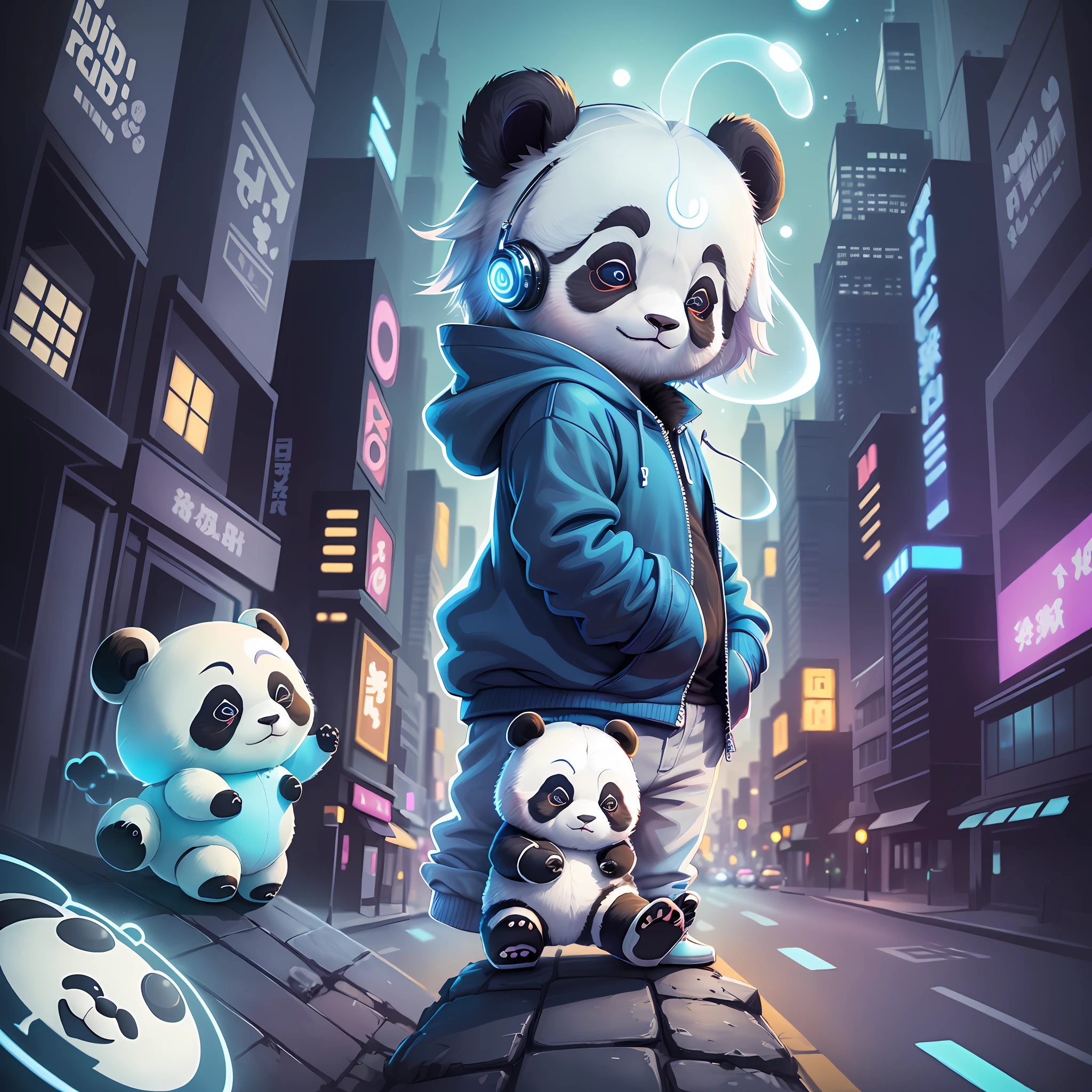 ((Chibi style panda)))), blue sweatshirt, earphone, fanciful city landscape, perfect hands ((bioluminescence)), dramatic lighting, ( vector art ) --no (((NSFW, bad anatomy, deformed, bad limbs))