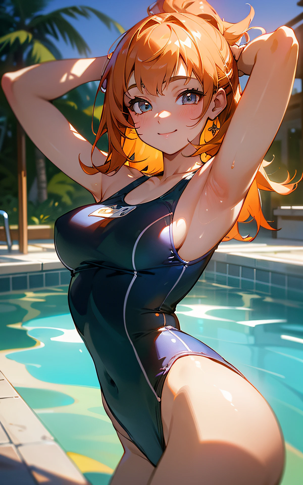 ((unity 16k wallpaper, masterpiece, best quality, ultra-detailed, extremely detailed CG, caustics, cinematic lighting, detailed, beautiful detailed eyes)), ultra high resolution, fine skin, (cute: 1.2), ( 15 year old girl), (old school swimsuit: 1.6)), summer sunshine, pool, ((writing in background)), oil skin, orange hair, arms outstretched, school swimsuit with drainage, upper body, portrait: 2.0, smile