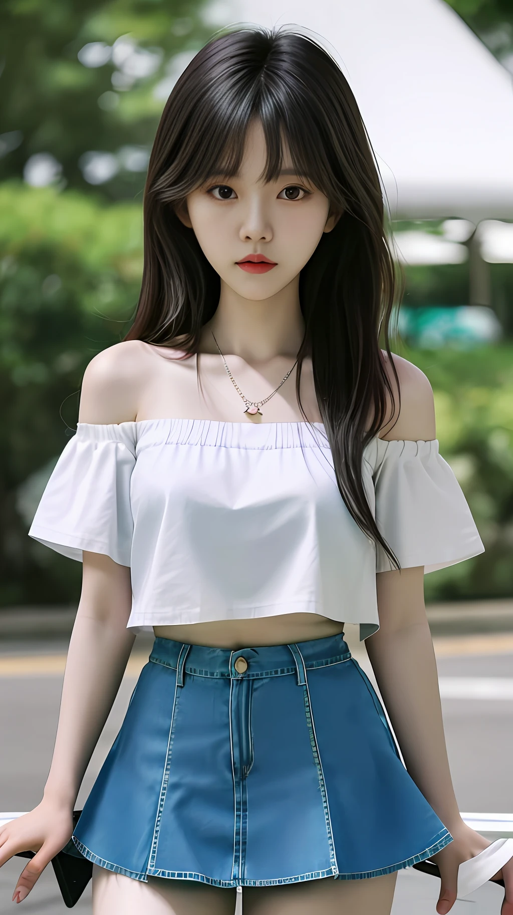 A Korean girl under a tree, fluffy hair, delicate face, realistic, real, large aperture, wearing a denim short skirt, tight short skirt, hip skirt, wearing a sexy cropped top, white shirt, tight shirt, off-the-shoulder, with a necklace, slim,