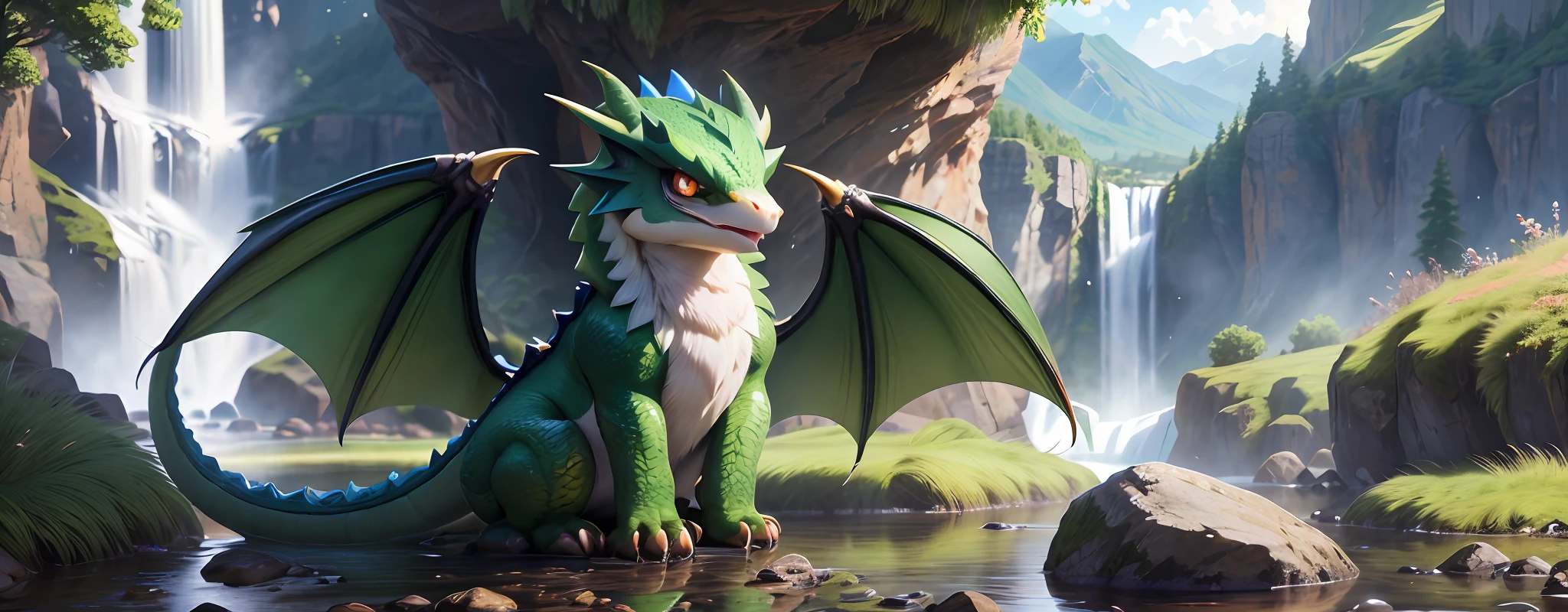 Mini cute green dragon, dragon skin, dragon wings, big eyes, mountain background with waterfall, photorealistic, hyperrealistic, hyperdetailed, pokemon style, full body, sitting, anthropomorphic, detailed skin, matte skin, soft lighting, subsurface scattering, realistic, heavy shadow, masterpiece, best quality, ultra realistic, 8k, film photography, soft focus, super cute creature