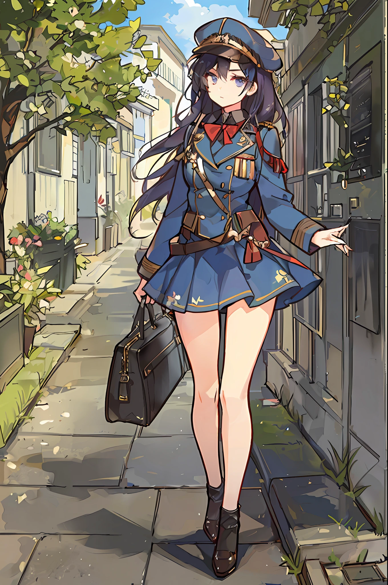 masterpiece, best quality, girl, ,miniskirt,military uniform,full body,dignified look