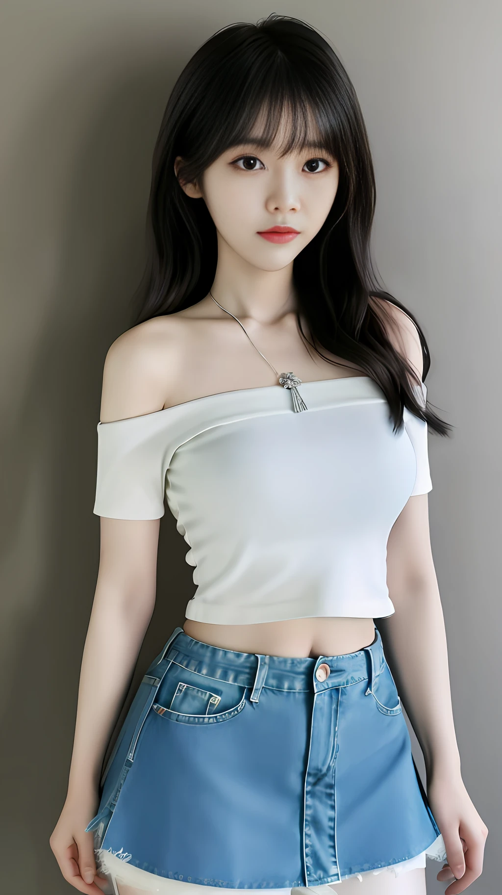 A Korean girl under a tree, fluffy hair, delicate face, realistic, real, large aperture, wearing denim short skirt, tight short skirt, short skirt covering hips, wearing sexy cropped top, white shirt, tight shirt, sexy, off-the-shoulder, with necklace, slim,
