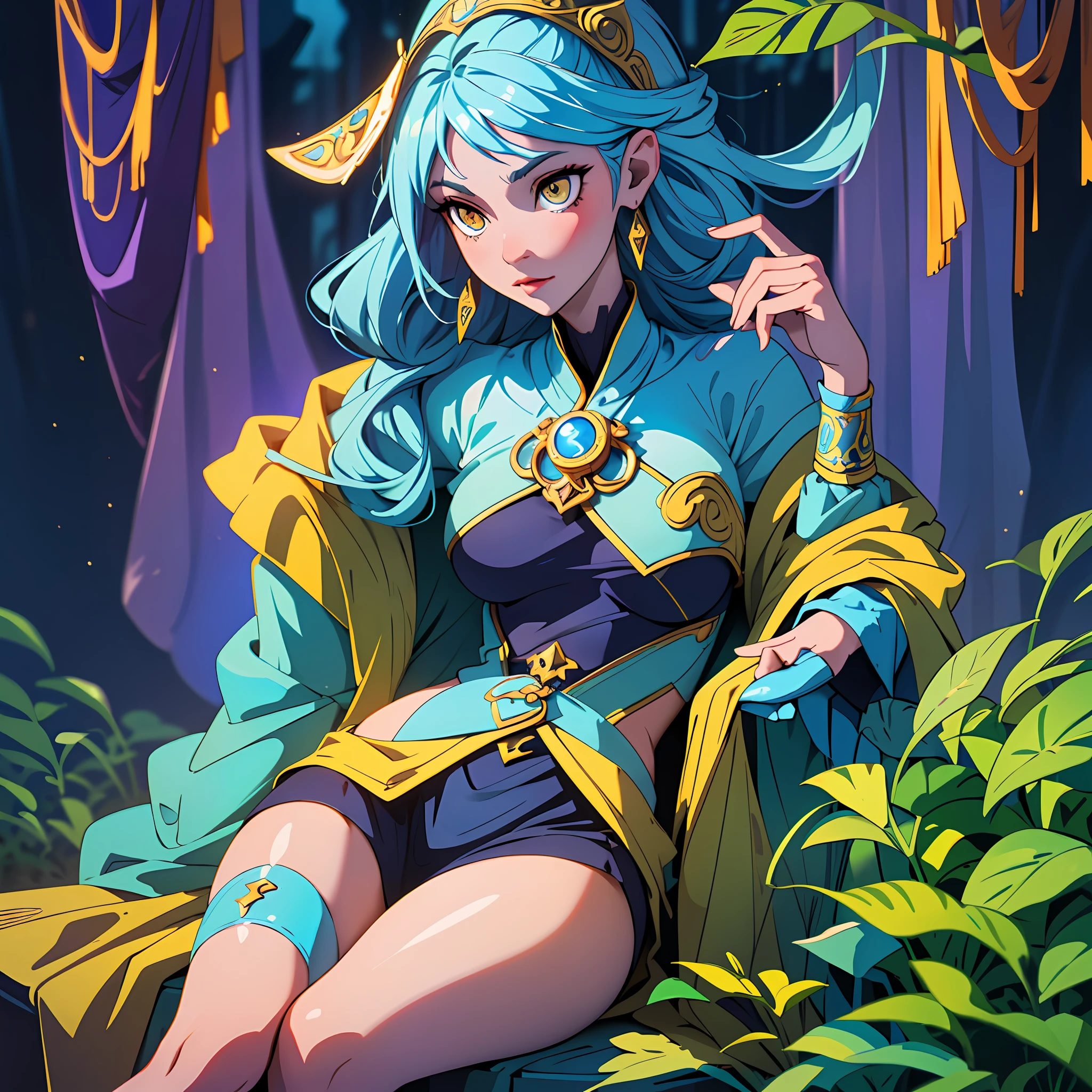 (Skin Blue)(A beautifully crafted girl), best quality, blue skin, (yellow eyes), (sitting in a mystical atmosphere), holding a (mysterious magic lantern), (dazzling light, shining bright).
