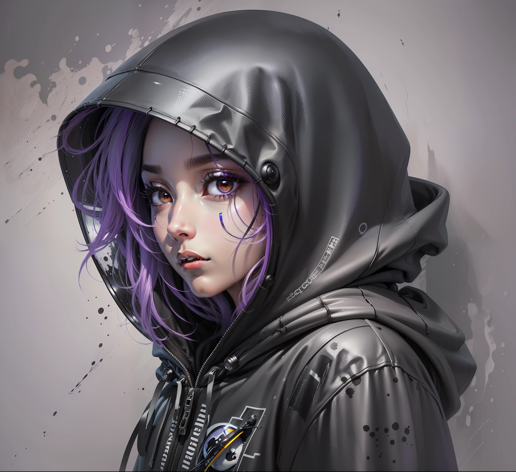 (A high-quality painting of a hooded Astronaut in a black and gray hoodie, with black eyes and an alien, which has a modern painting style and features clear lines and vibrant colors, with purple)