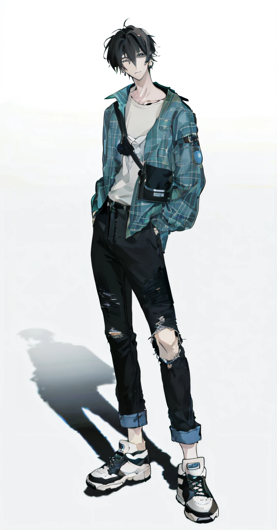 anime boy in a plaid shirt and jeans standing with his hands in his pockets, single character full body, outfit design, full body illustration, detailed full body concept, full body single character, casual clothing style, cai xukun, full body character design, anime full body illustration, full body character, full body character drawing, concept art of single boy, unrealistic character concept