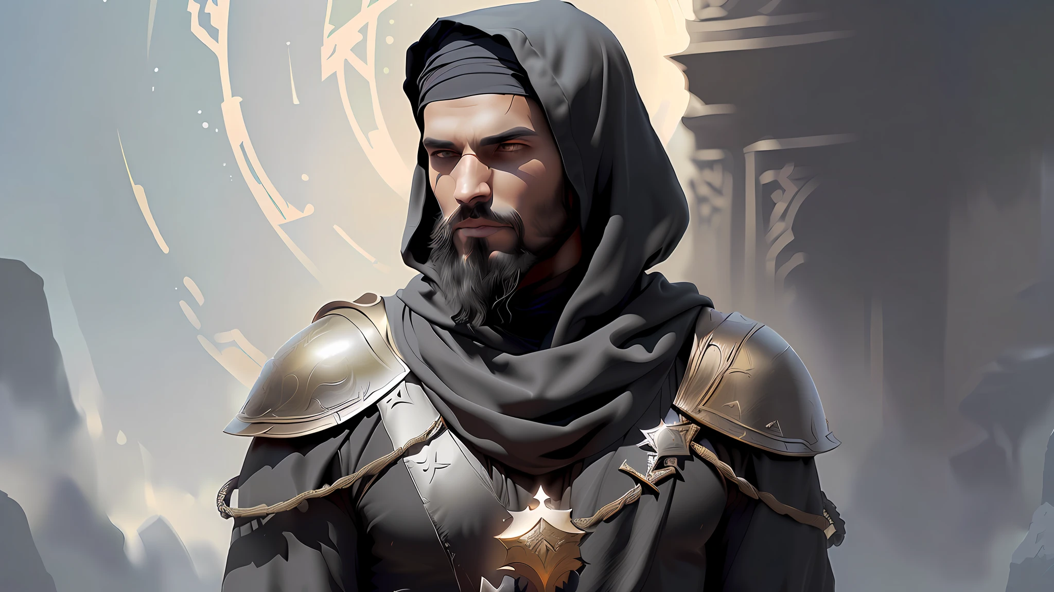 there is a man in a black robe and a hoodie, handsome prince of persia, picture of a male cleric, closeup portrait of an mage, portrait of a mage, tuomas korpi and wlop, portrait of bedouin d&d, fantasy concept art portrait, steel inquisitor from mistborn, wlop and andrei riabovitchev