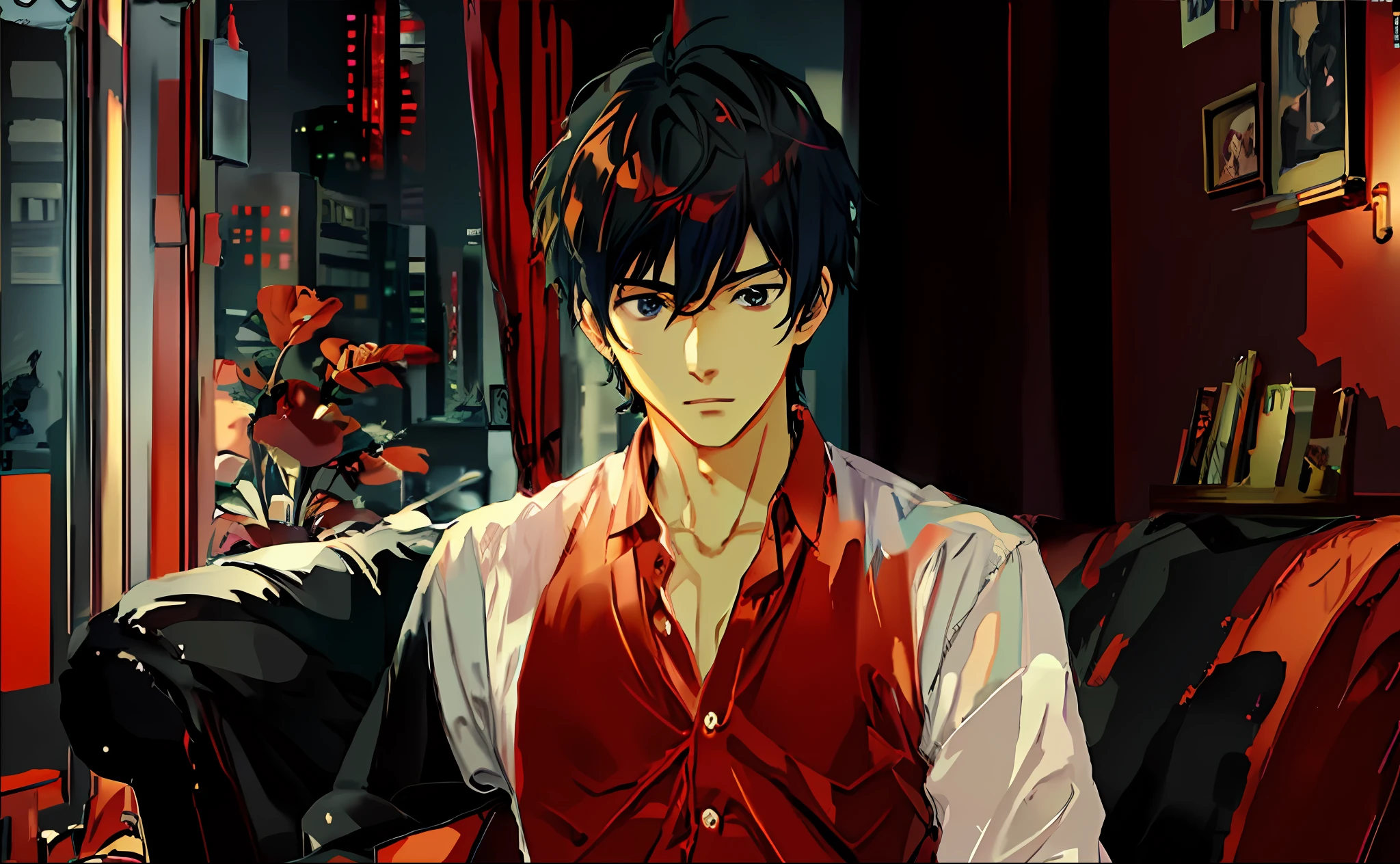 Anime man sitting on red sofa in living room, anime handsome guy, wearing a white village shirt, anime portrait of handsome man, young anime person, handsome anime pose, drawn in anime painter studio, made with anime painter studio, male anime style, semi-realistic anime style, anime realism style, handsome guy in demon slayer art, Kentaro Miura manga art style --auto --s2