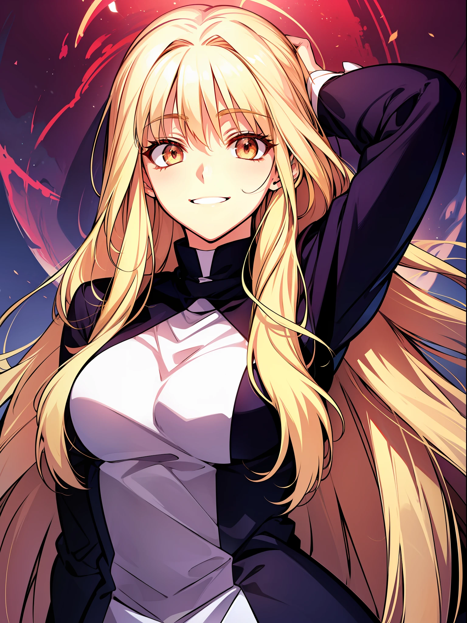 solo, ((long blonde hair)), ((amber eyes)), (smiling), (nun), ((high quality)), (extremely detailed), fate stay night, inspired by takeuchi takahasi