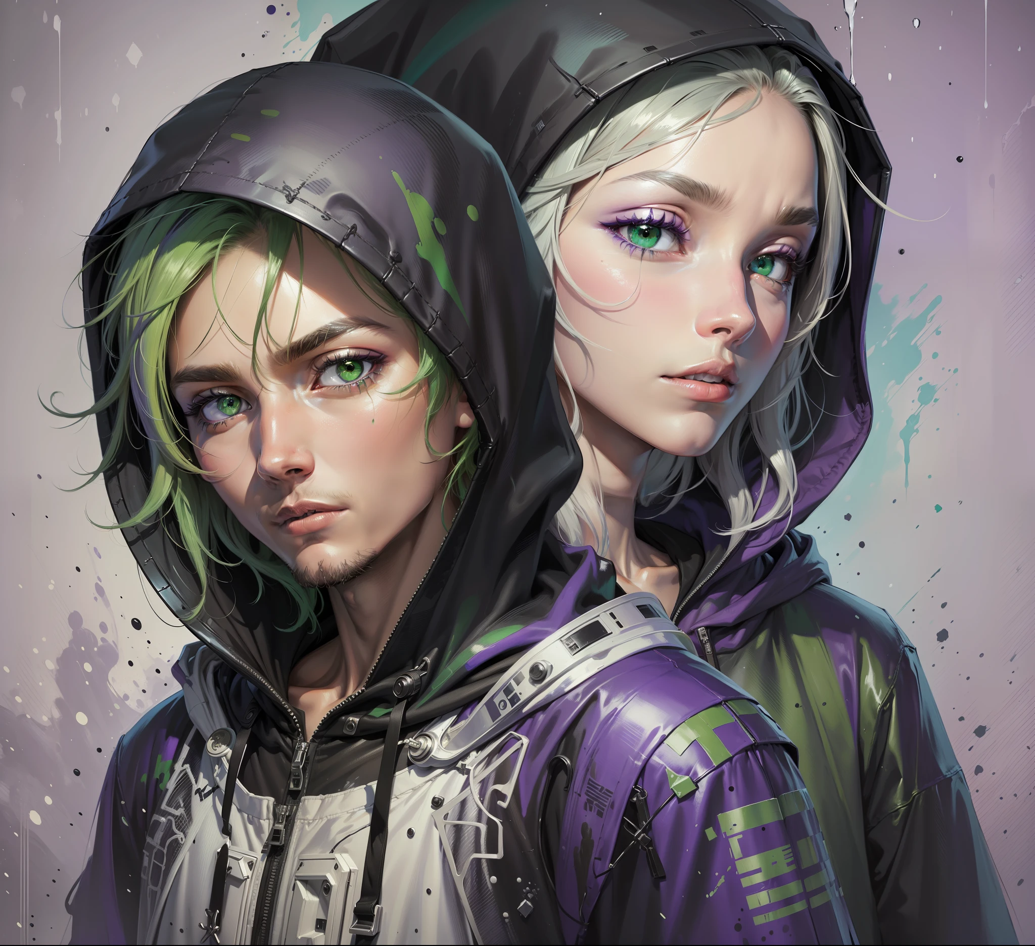 (A high-quality painting of a hooded man Astronaut with a black and gray hoodie, with green eyes, an alien, which has a modern painting style and features clear lines and vibrant colors, with purple)