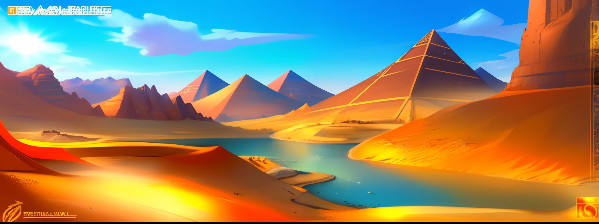 A desert with mountains where no one is present, Egypt, daylight, a castle on the right with a waterfall, trend in ArtStation, sharp focus, studio photo, intricate details, highly detailed, by Greg Ruttowski, banner style with a river in the middle, predominant orange color