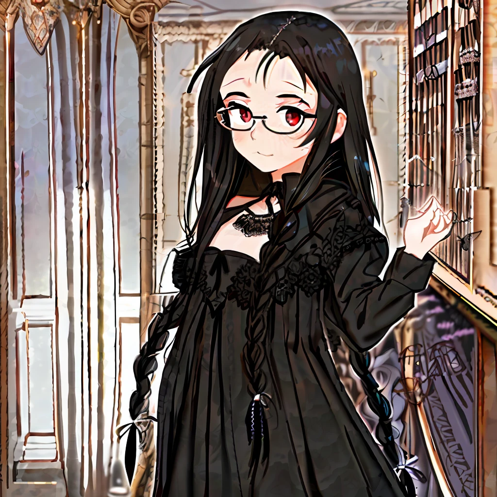 long hair, nice hands, perfect hands, lacy gothic dress, standing in lingerie store, (lingerie store), (lingerie hanging from the wall:1), ambient light, surprised face , blushed, red face, (((bang))), (((glasses))), (((braid))), brown eye, (((flat))), collarbone, (((slender body))) , (((small breasted))), (((sfw))), (((black hair)))