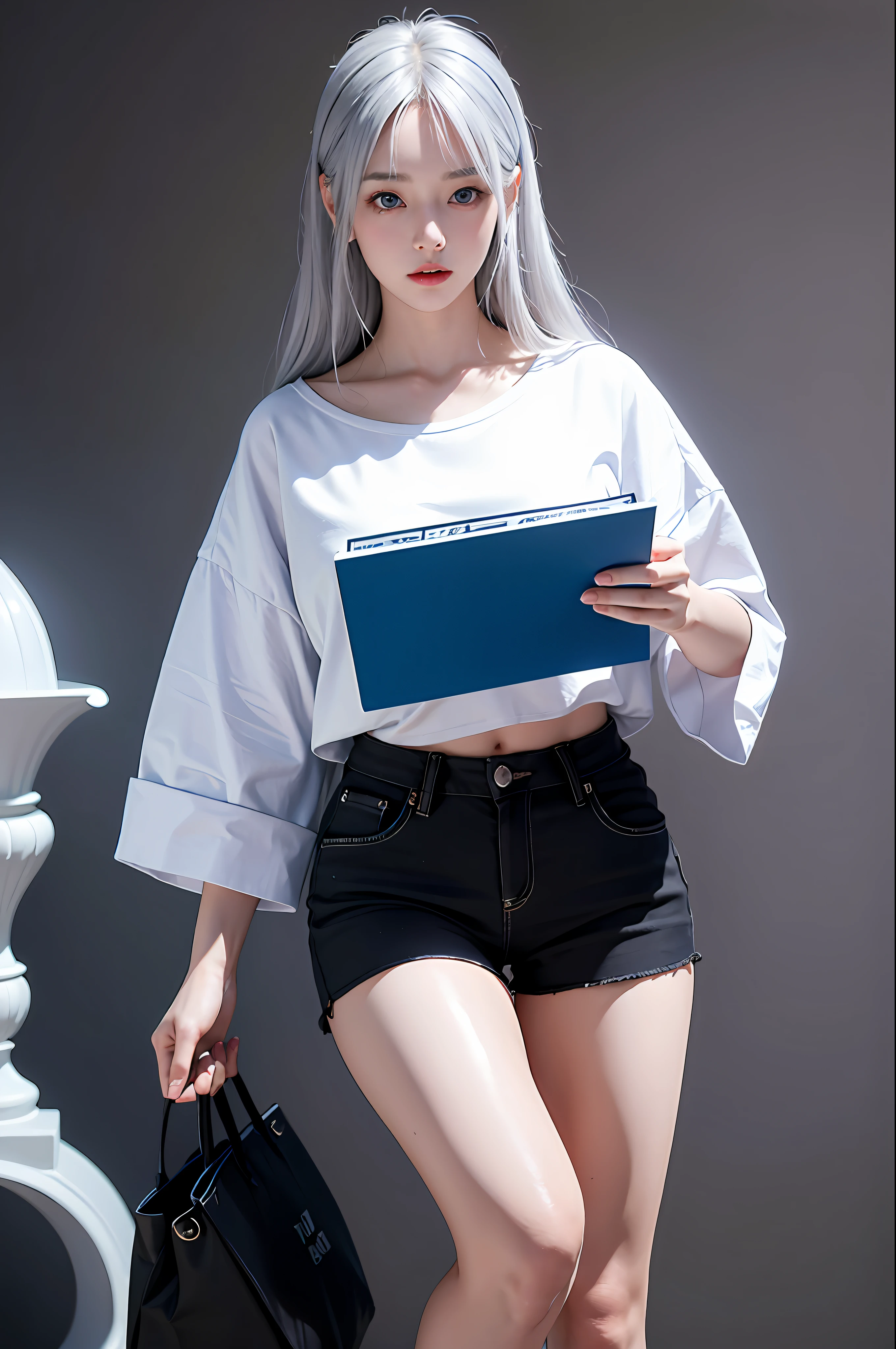 Realistic, high resolution, 1 girl, silver hair, Korean, blue eyes, loose white shirt, tight black shorts, long legs, emerging from the magic lamp