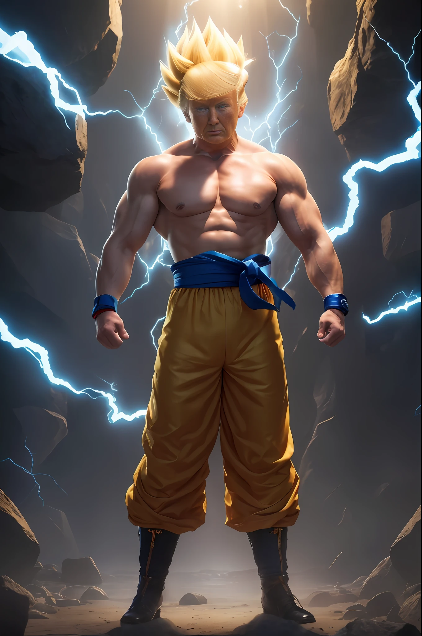 (((Donald Trump))), ((best quality)), ((masterpiece)), ((realistic)), (detailed), 1boy, biceps, blonde hair, green eyes, blue sash, blue wristband, clenched hands, collarbone, dougi, electricity, energy, floating rocks, yellow aura, frown, looking at viewer, full body, male focus, muscular, muscular male, pectorals, rock, sash, scratches, serious, solo, spiked hair, super saiyan, super saiyan 1, topless male, v-shaped eyebrows, wristband, , insanely detailed, detailed background, ((masterpiece)), absurdres, 8k uhd