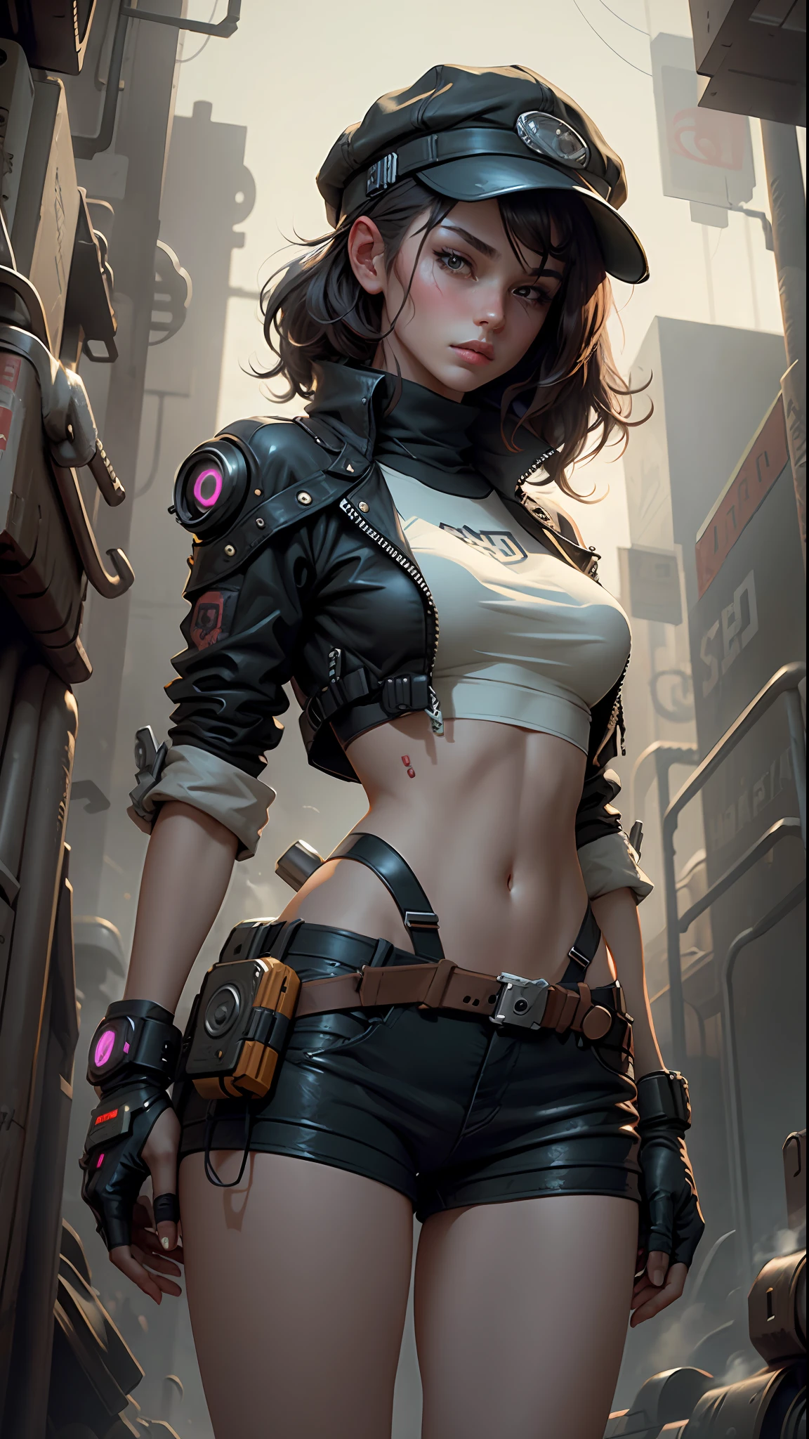 Beautiful woman with medium hair, hat, short clothes in steam cyberpunk style