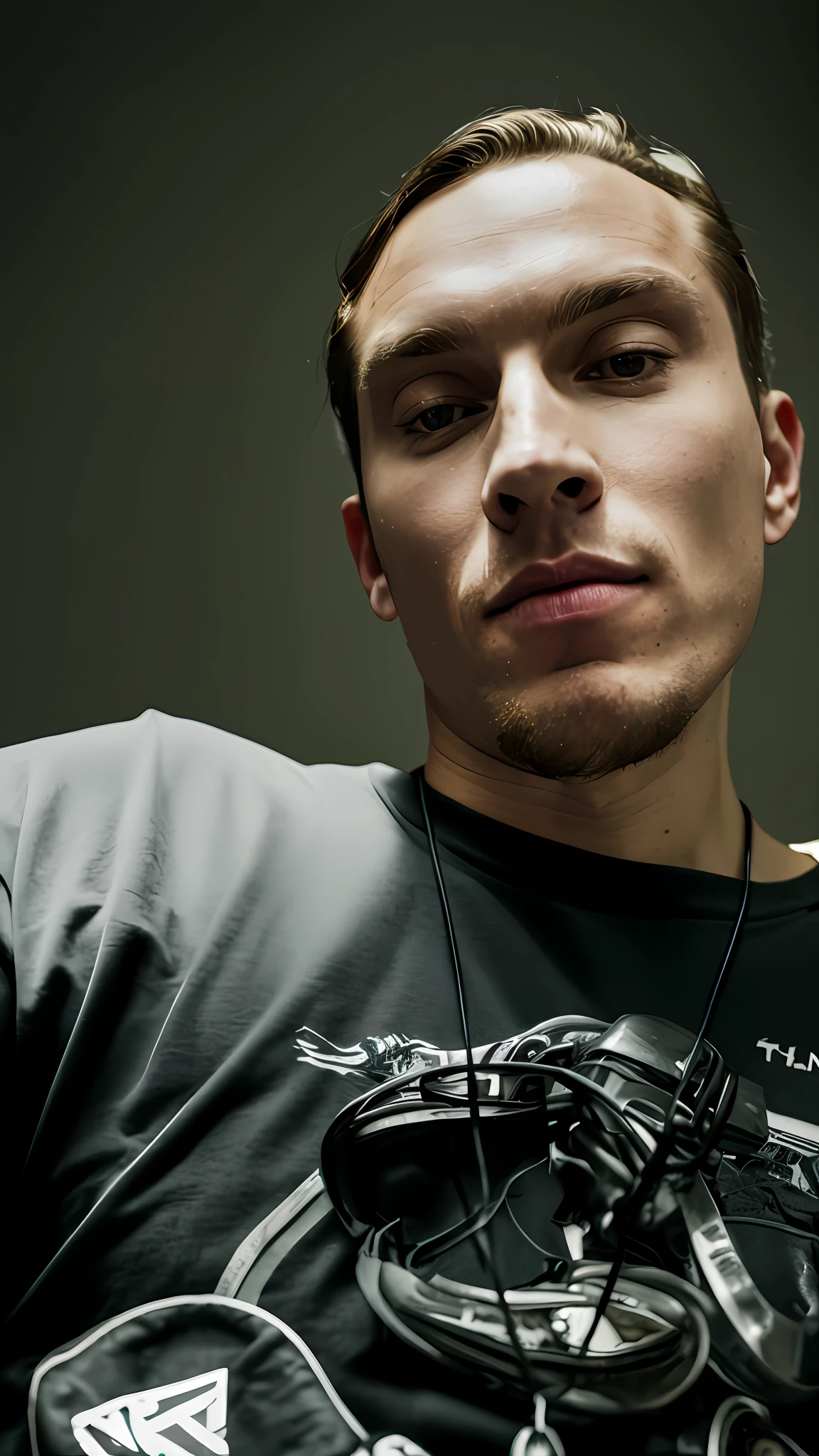 There is a man,young,who is wearing a black shirt and a necklace, front image, high quality video, very high quality image Twitch streamer/gamer Ludwig, he is wearing a black t-shirt, Jerma985, Jerma 9 8 5, high quality footage, around 1 9 years,angelic characters